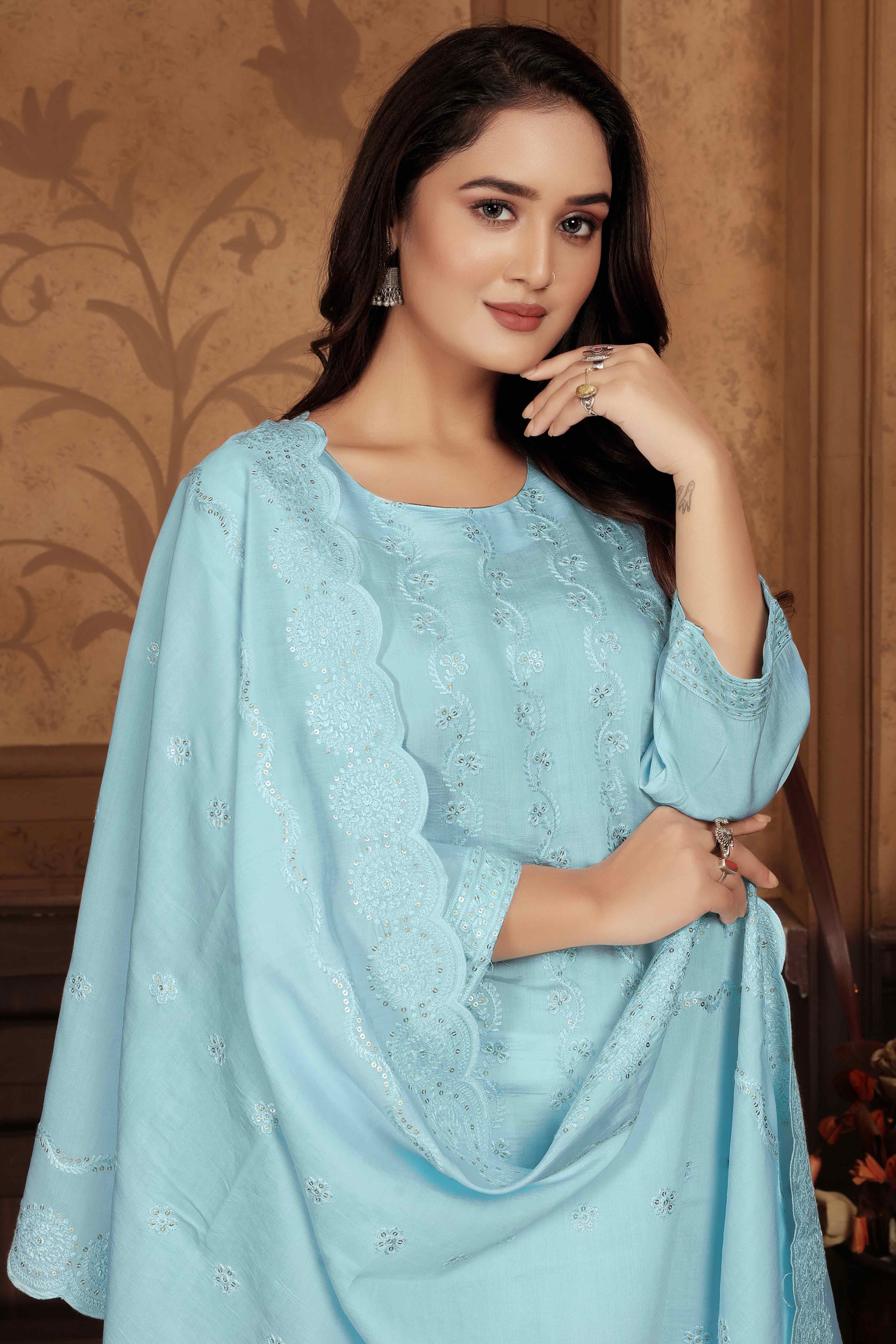 Blue Sequins Embroidered Chanderi Straight Salwar Suit