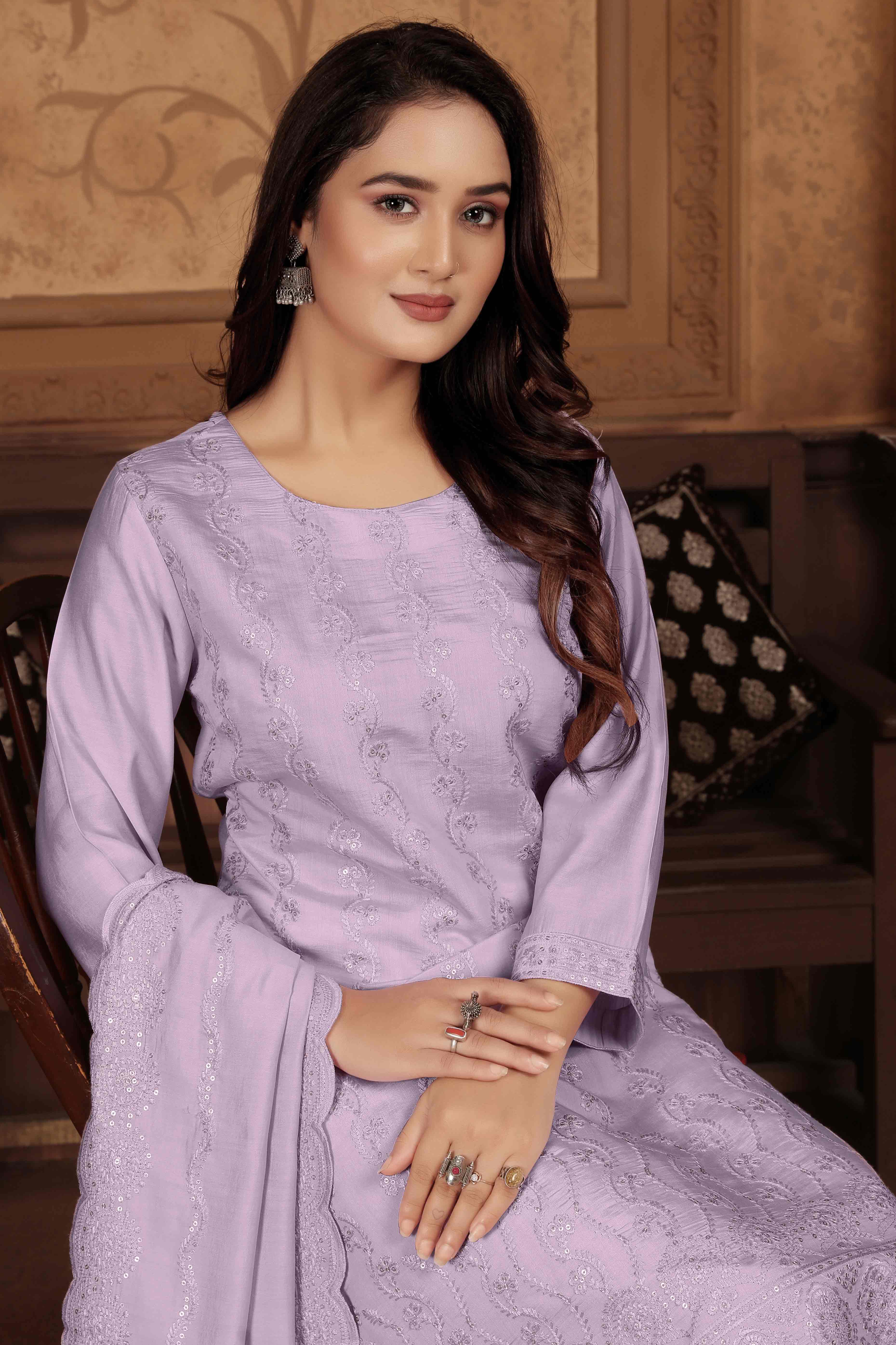 Lavender Sequins Embroidered Chanderi Straight Salwar Suit