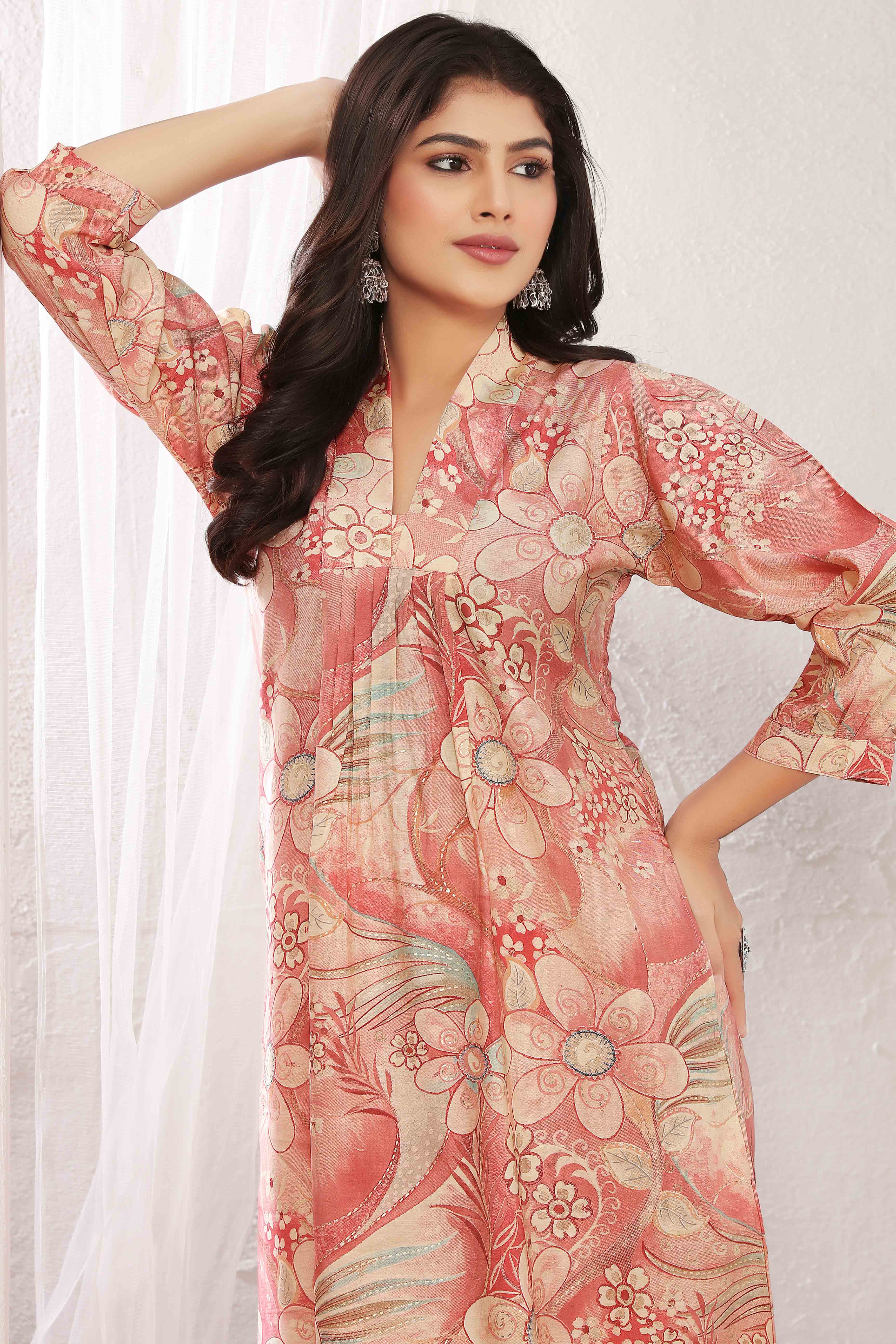 Peach Chanderi A-Line Co-Ord Set with Delicate Prints & Side Pockets