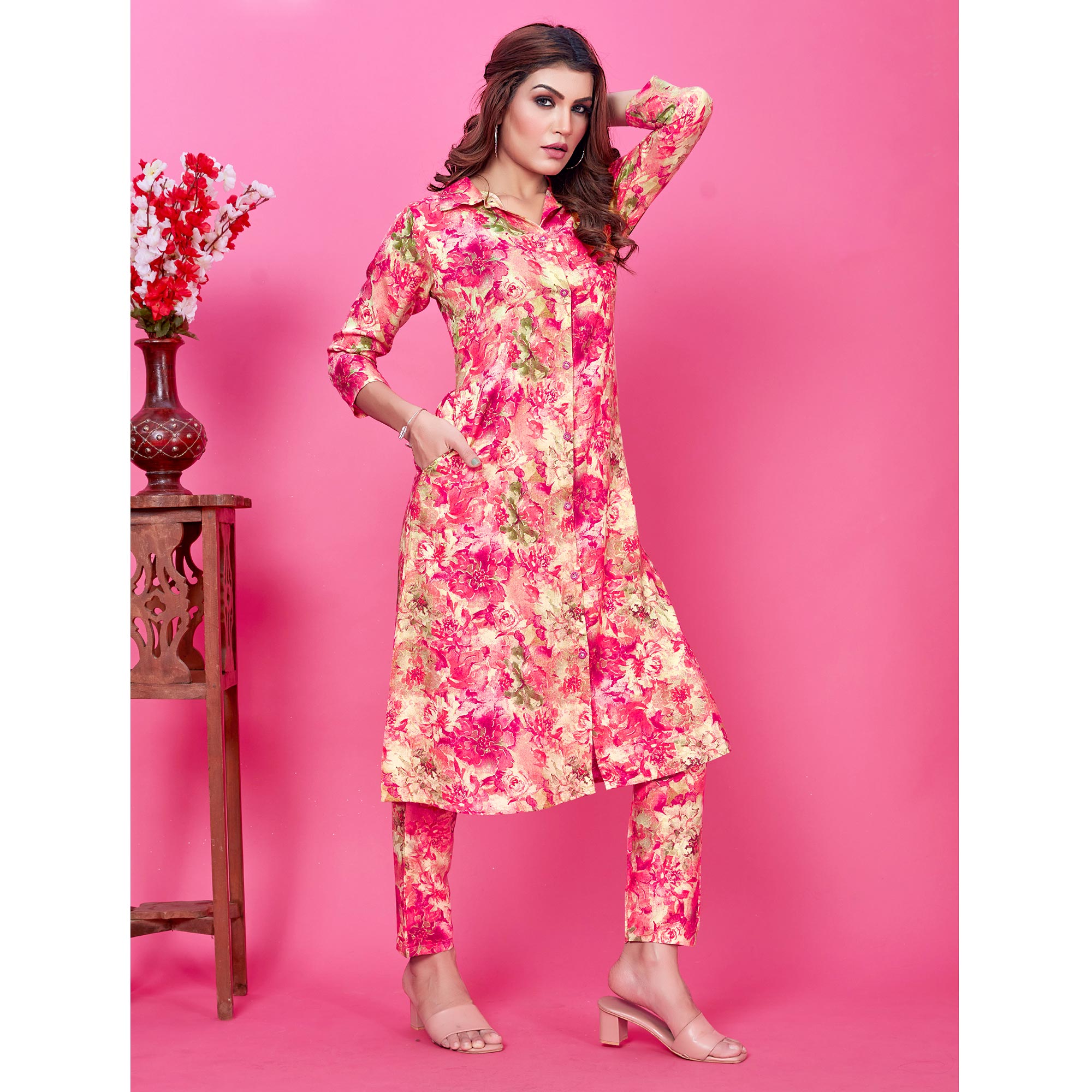 Pink Floral Foil Printed Rayon Co-Ord Set