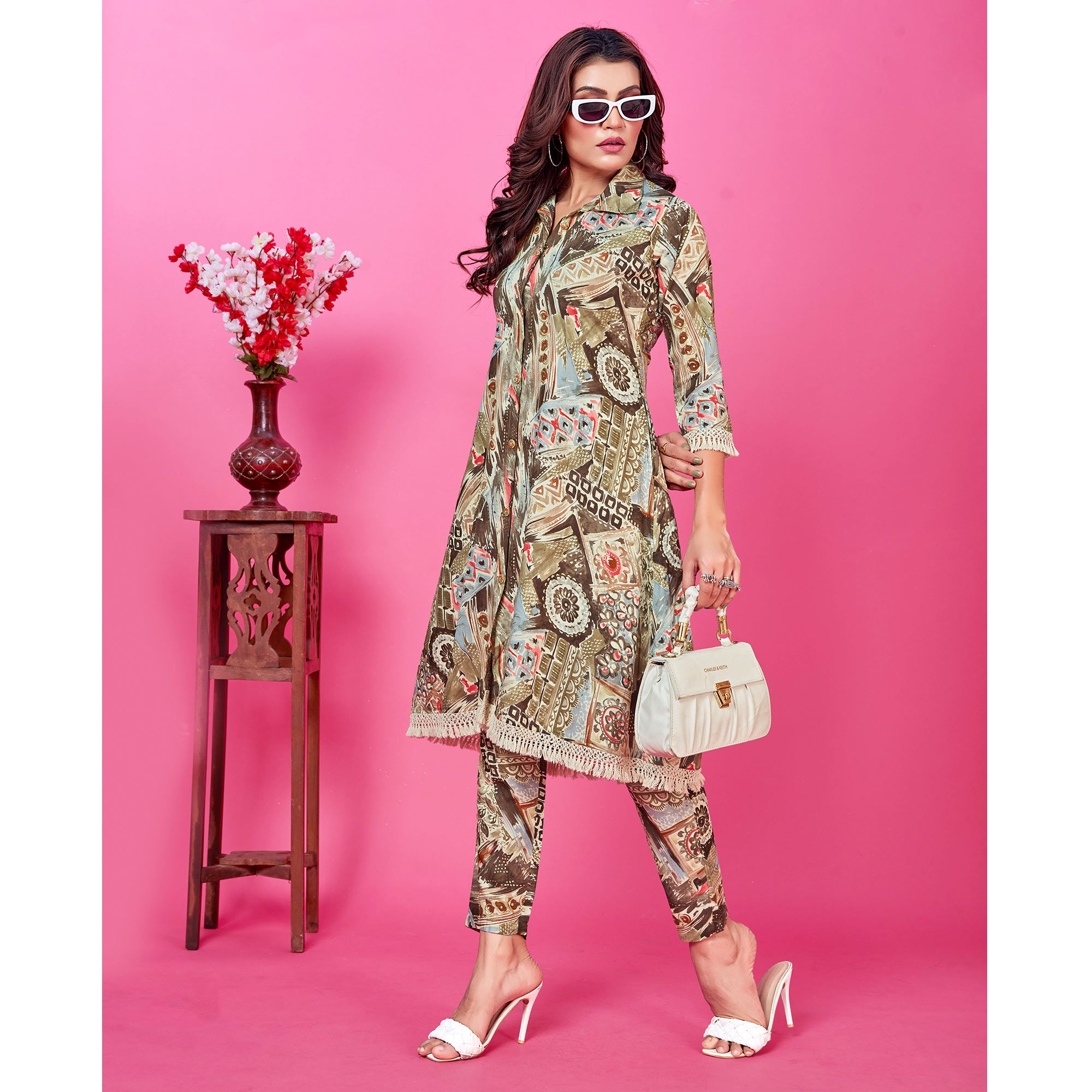 Mehandi Green Floral Foil Printed Rayon Co-Ord Set