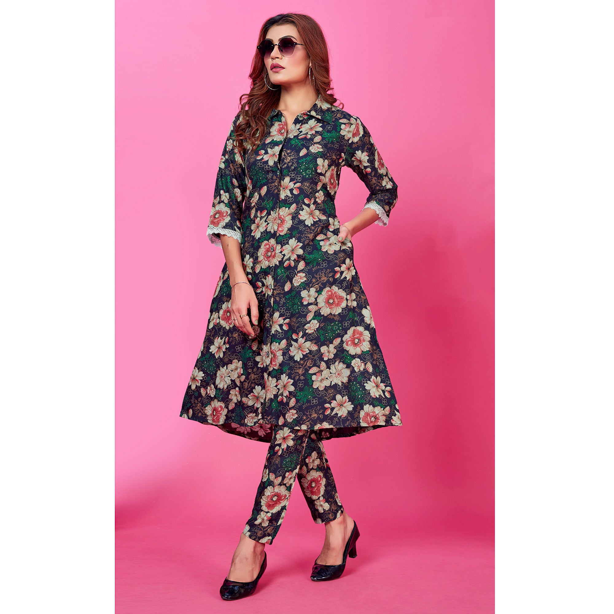 Blue Floral Foil Printed Rayon Co-Ord Set