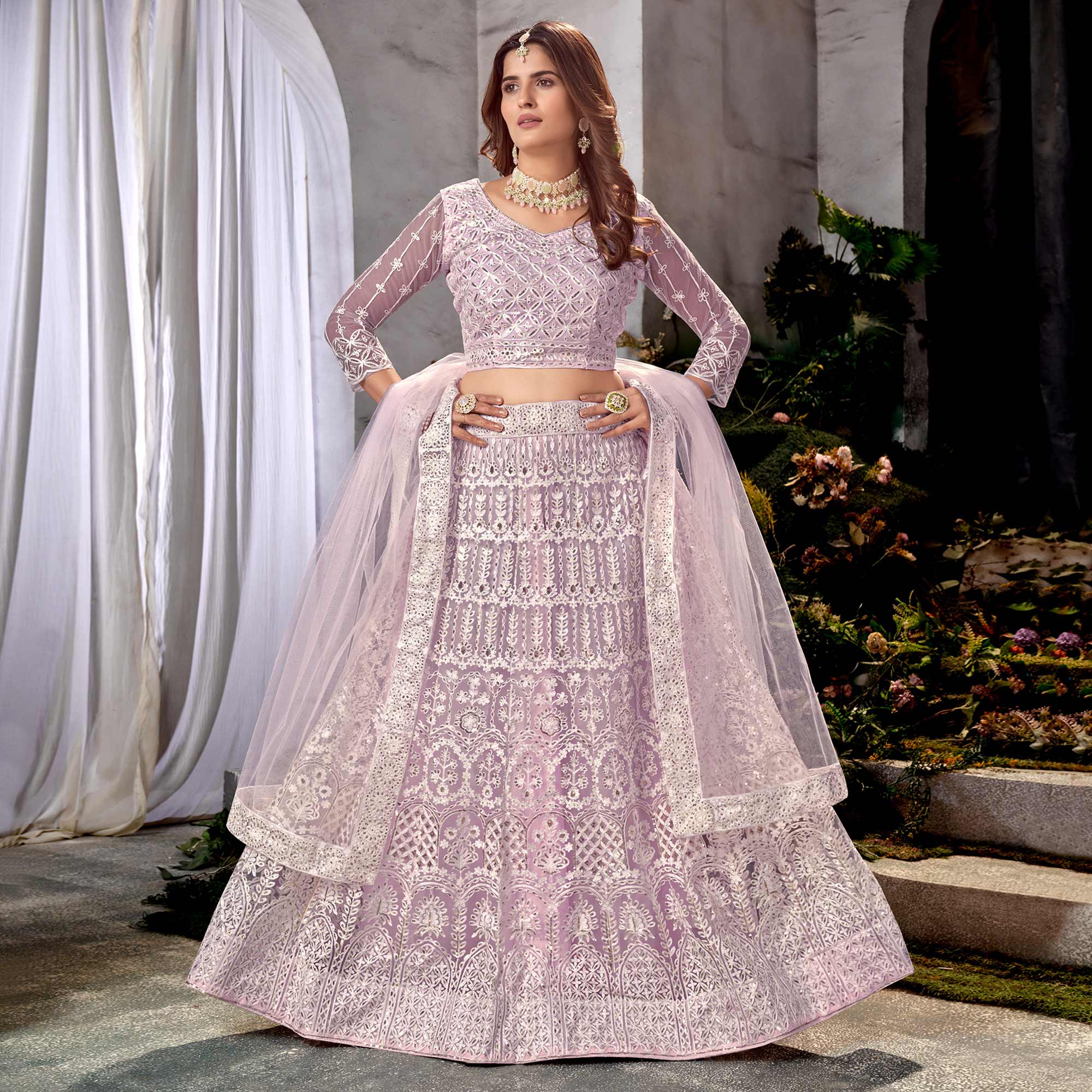 Light Purple Floral Sequins Embroidered Net Lehenga Choli