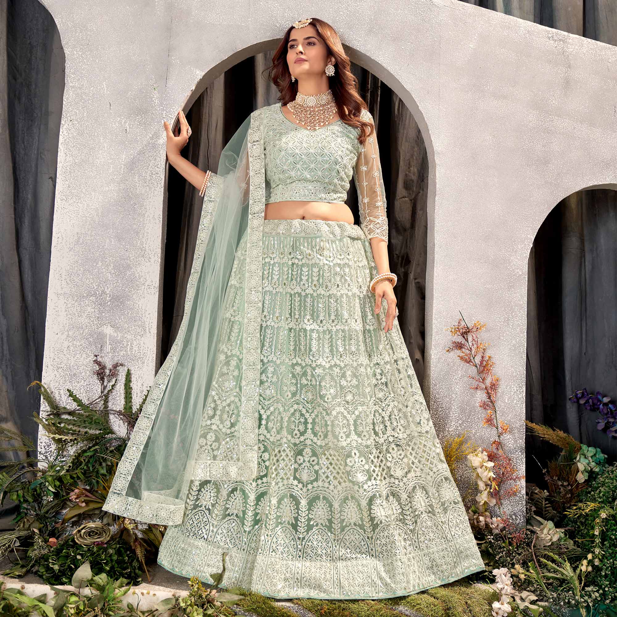 Green Floral Sequins Embroidered Net Lehenga Choli