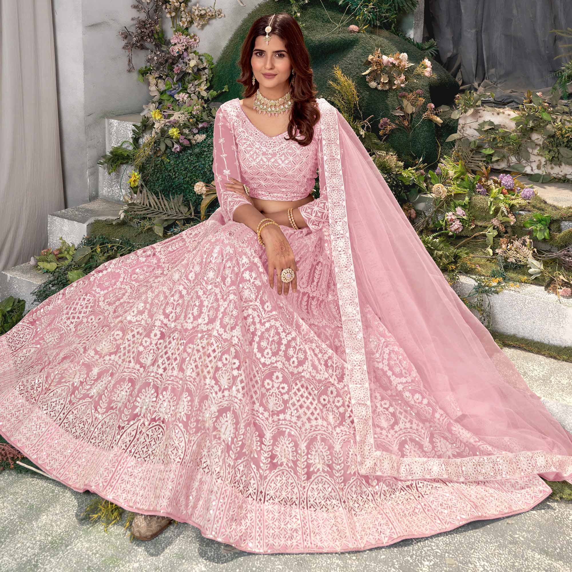 Pink Floral Sequins Embroidered Net Lehenga Choli