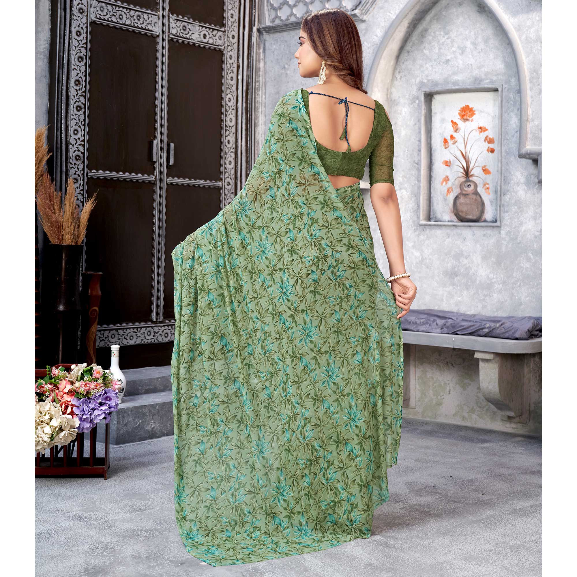 Green Floral Printed Georgette Saree