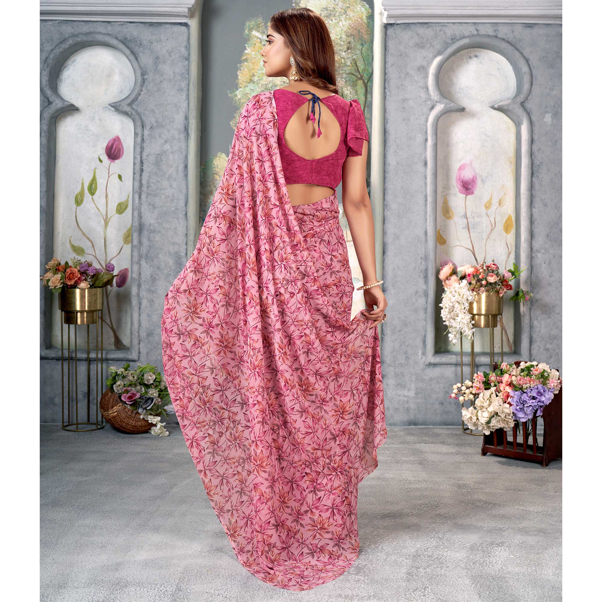 Pink Floral Printed Georgette Saree