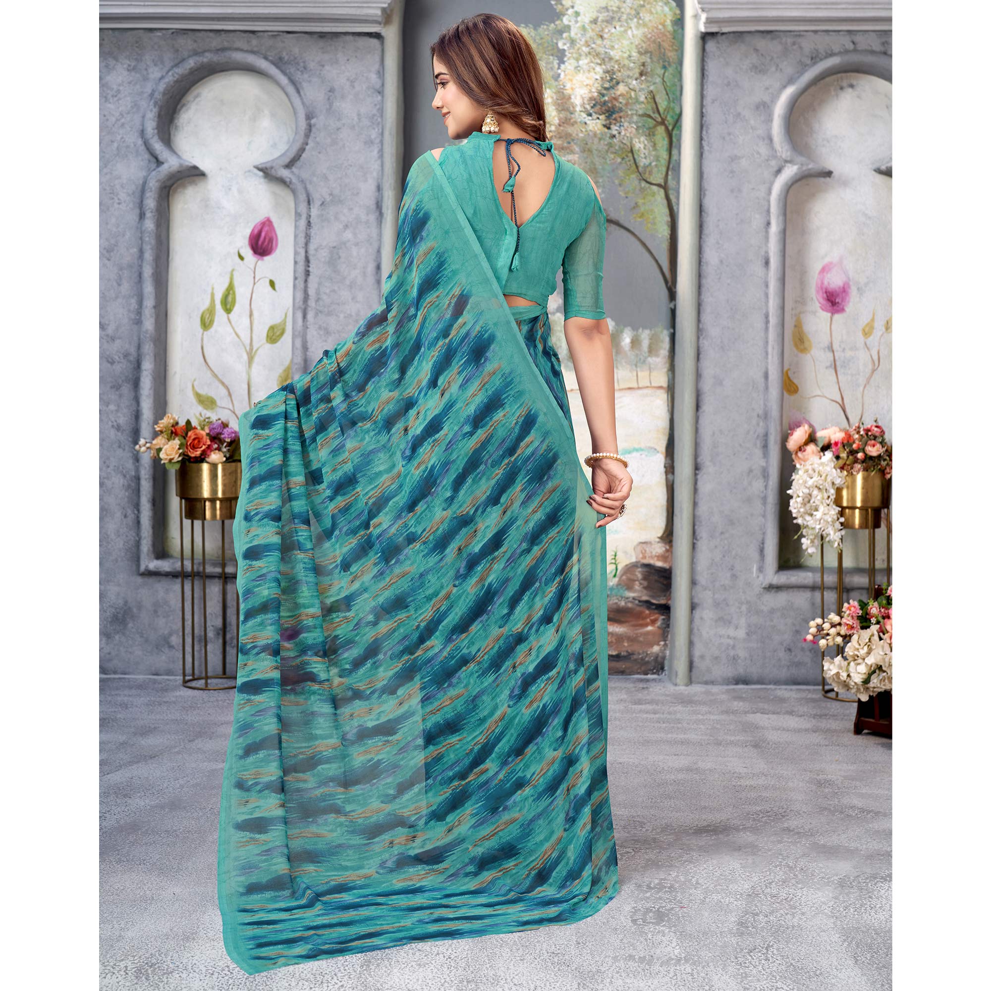 Sea Green Printed Georgette Saree