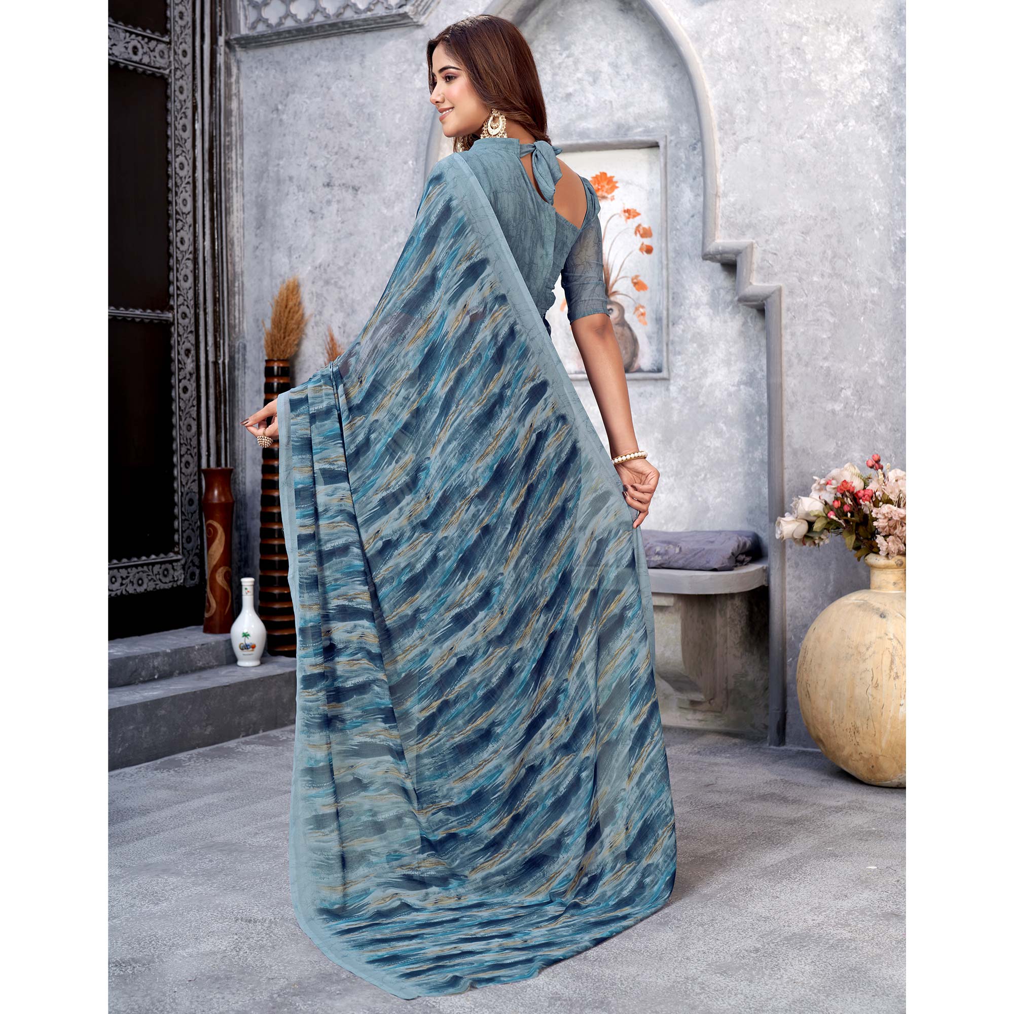 Grey Printed Georgette Saree