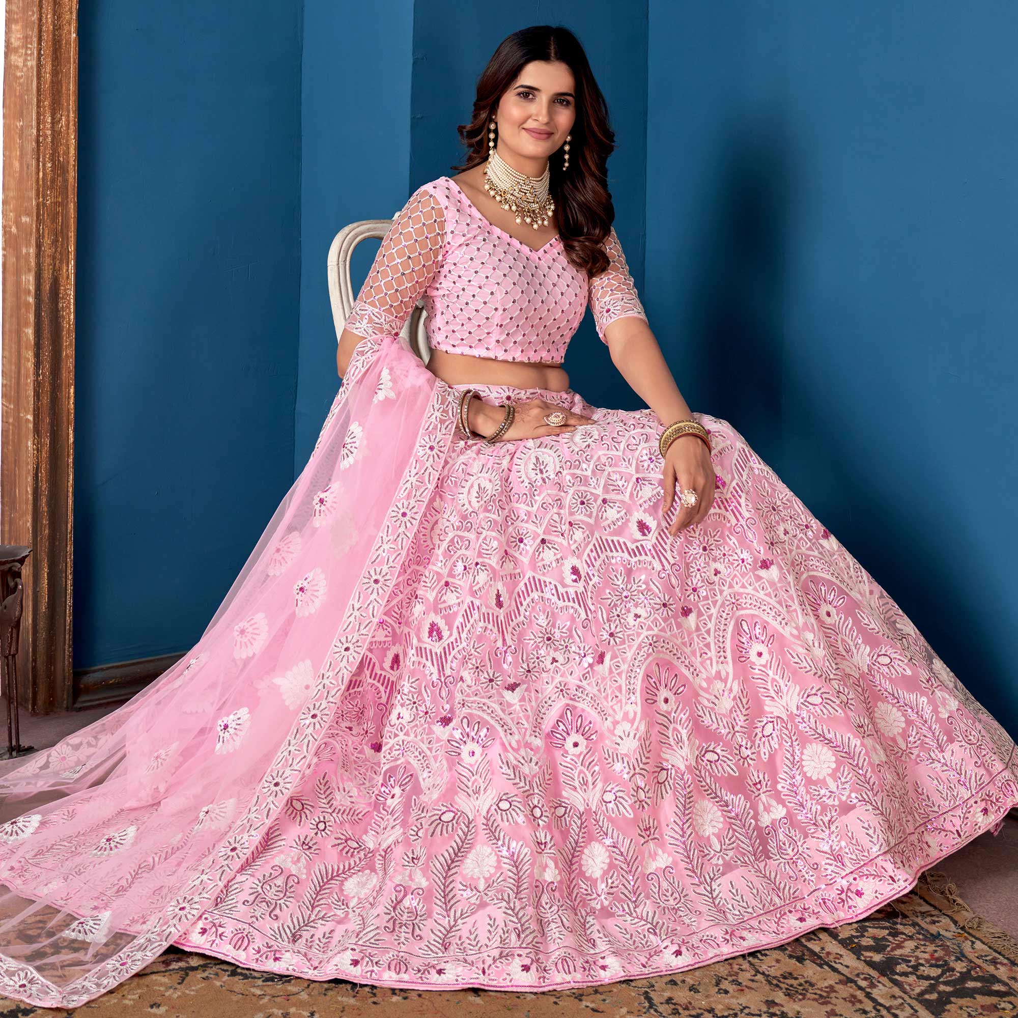 Pink Floral Sequins Embroidered Net Lehenga Choli