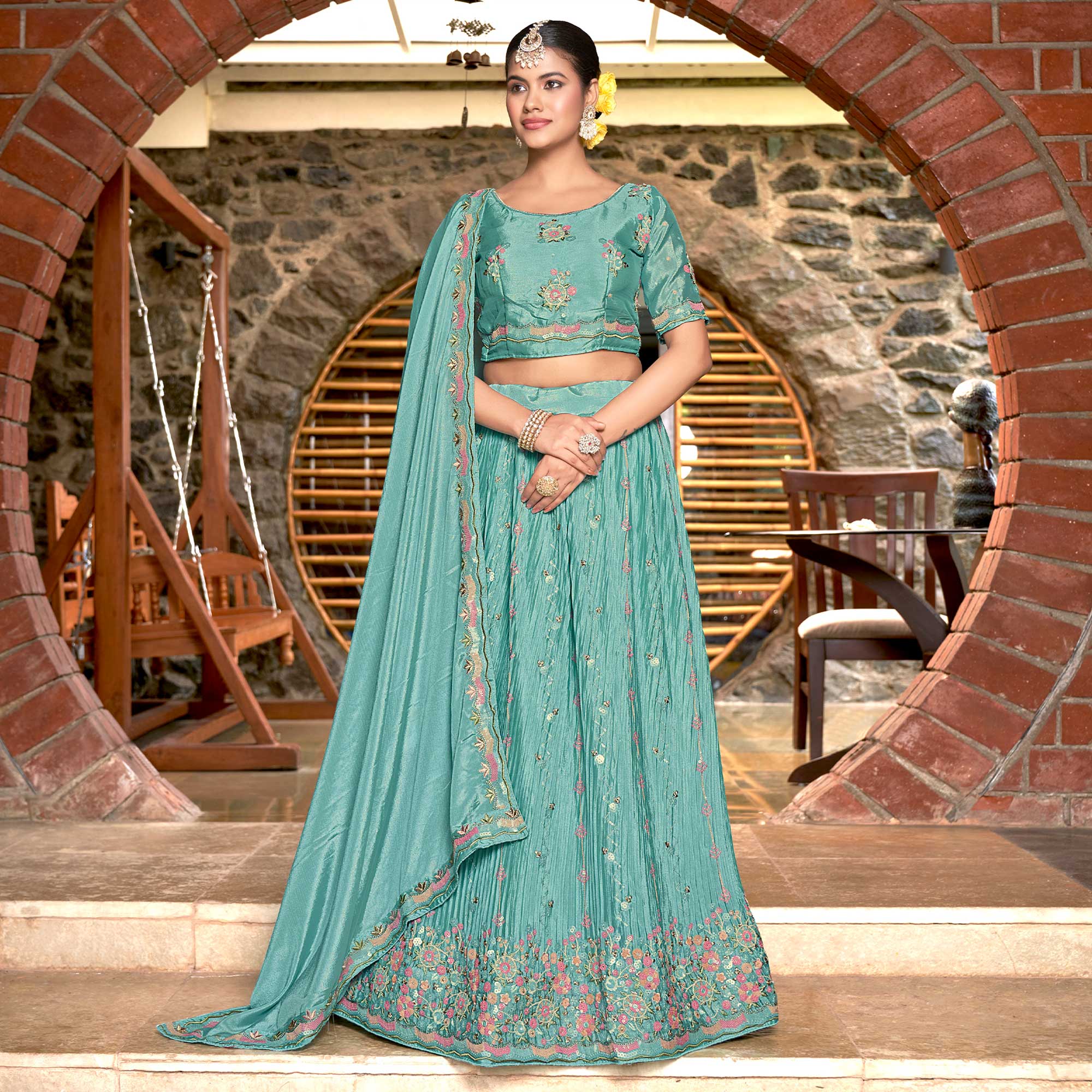 Blue Sequins Floral Embroidered Chiffon Lehenga Choli