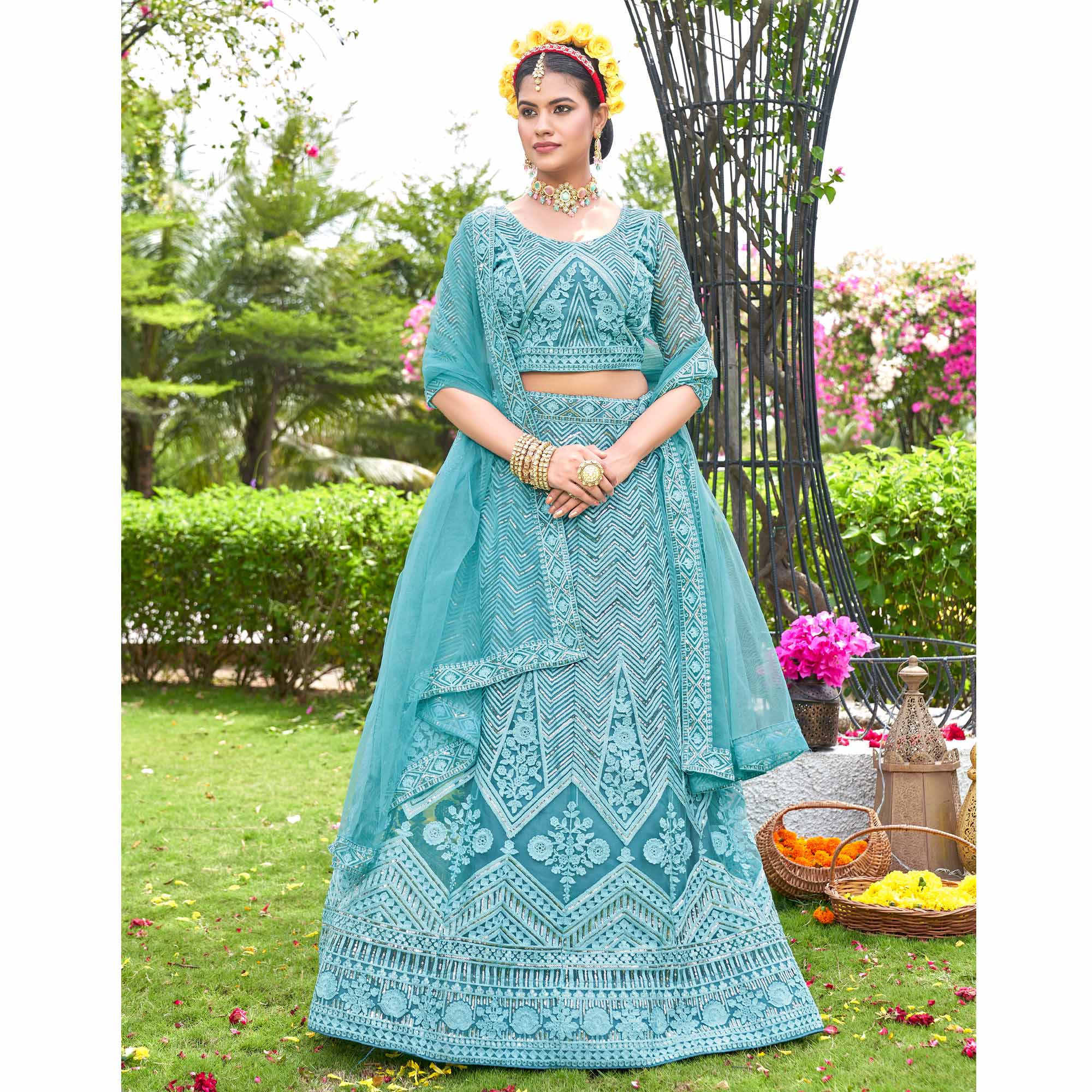 Blue Sequins Floral Embroidered Net Semi Stitched Lehenga Choli