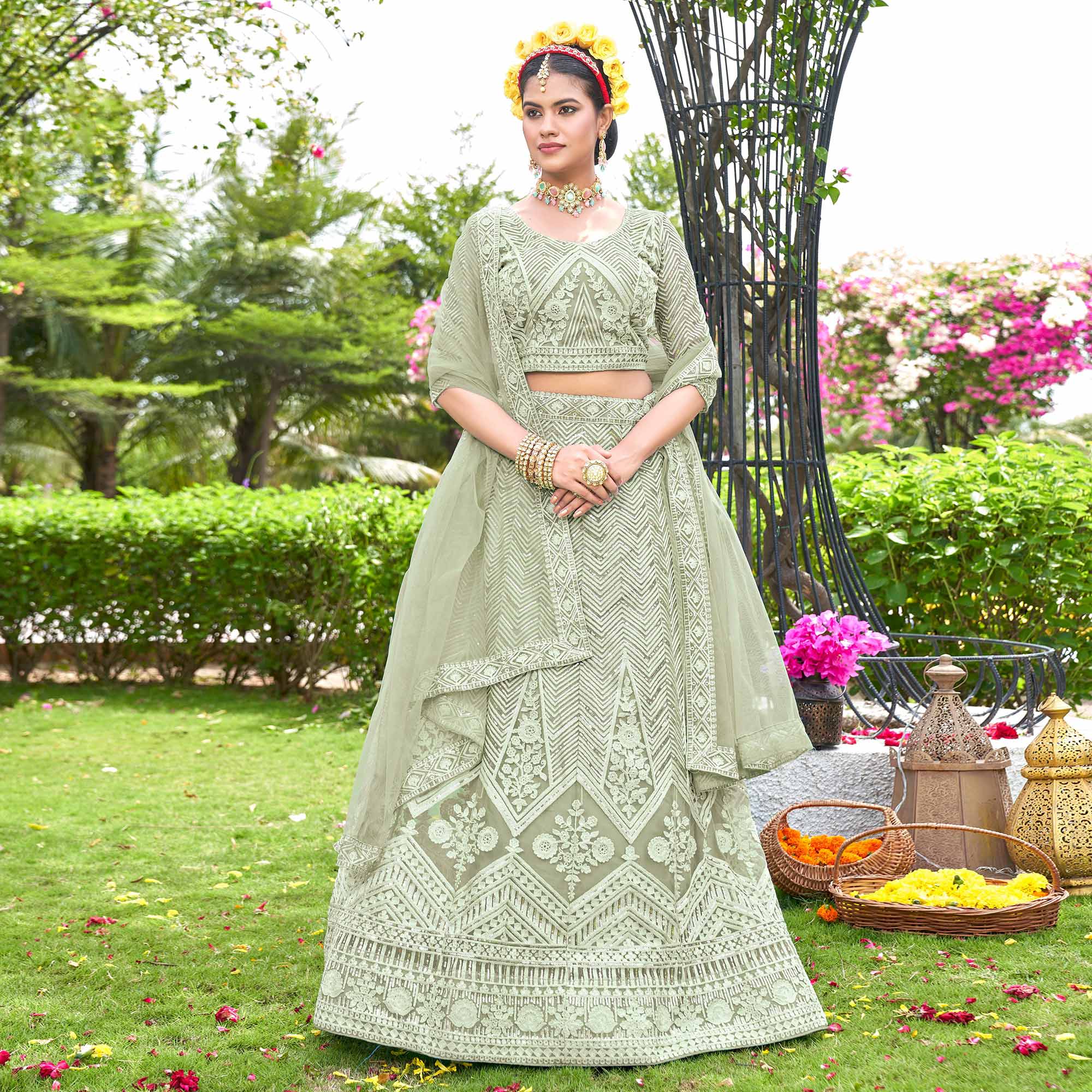 Green Sequins Floral Embroidered Net Semi Stitched Lehenga Choli