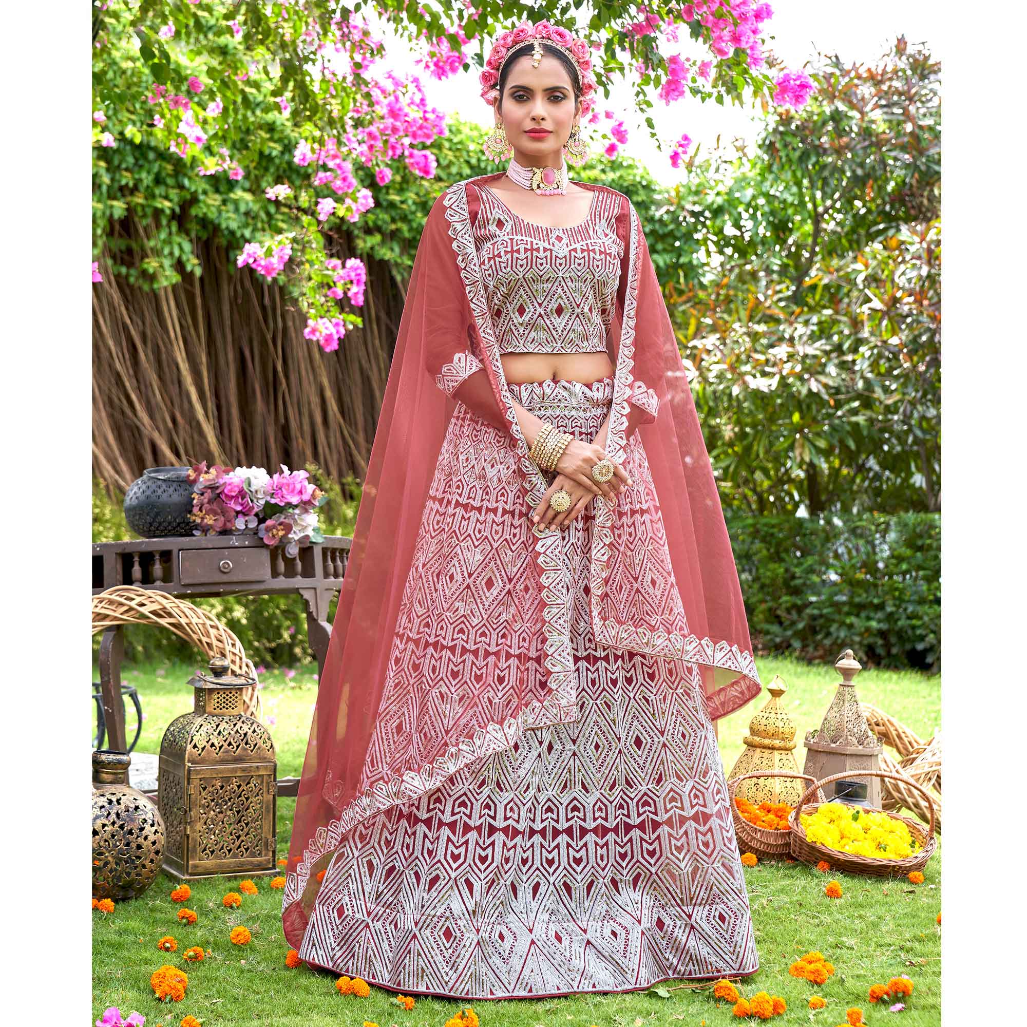 Rust Sequins Embroidered Net Semi Stitched Lehenga Choli