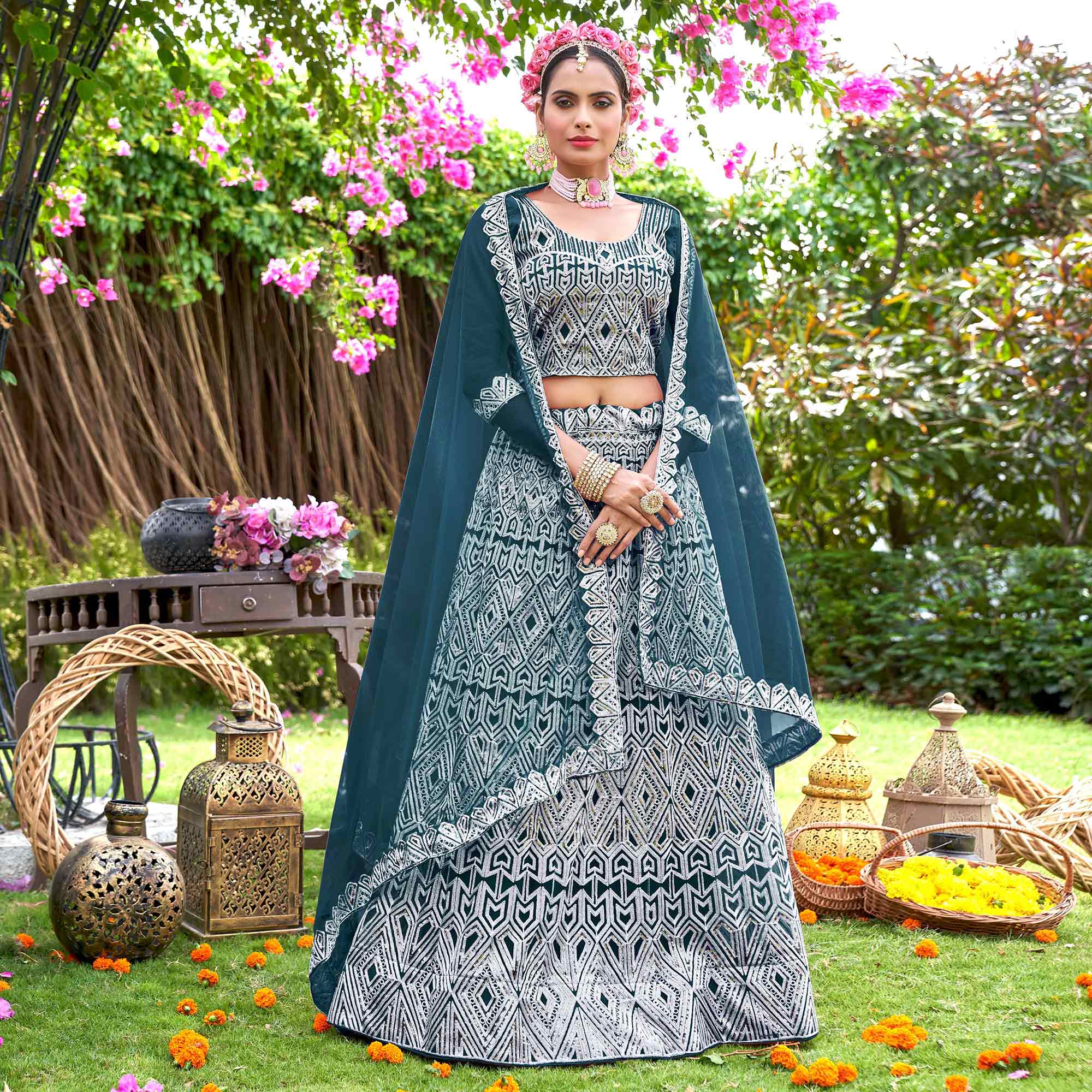 Teal Sequins Embroidered Net Semi Stitched Lehenga Choli