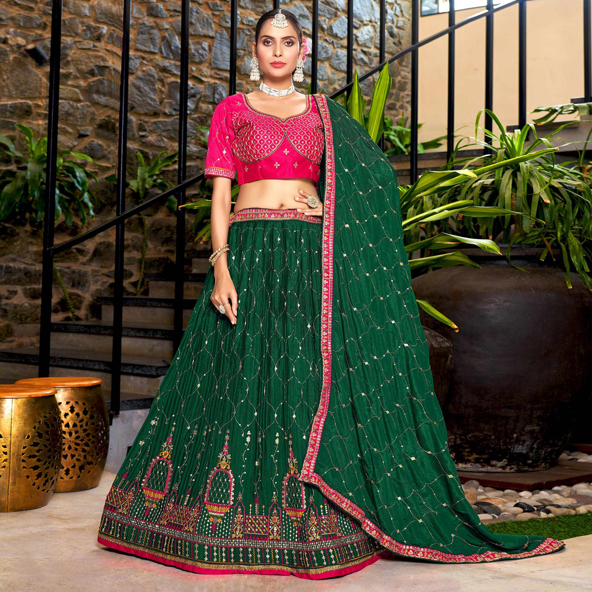 Green Sequins Embroidered Chiffon Lehenga Choli