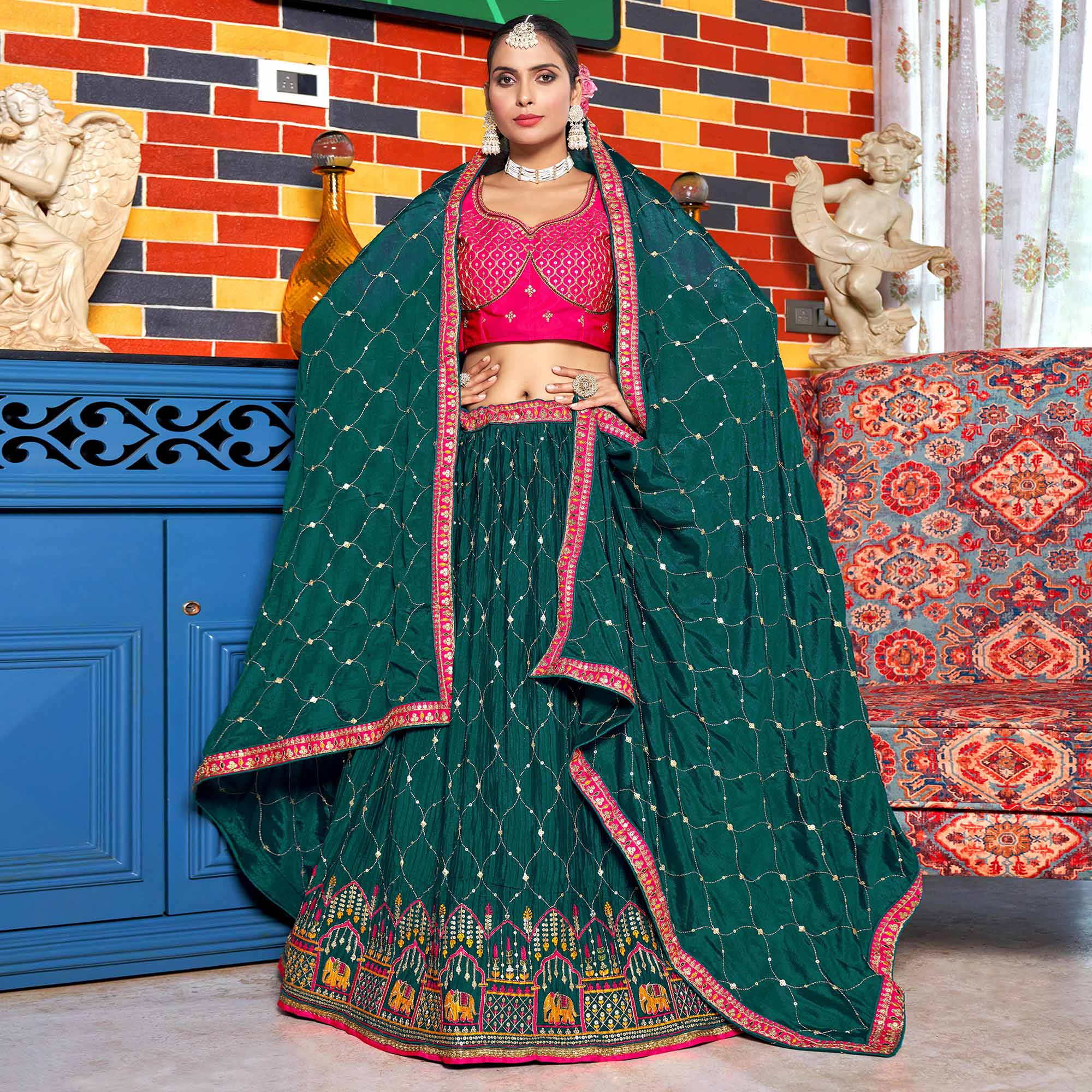 Deep Sea Green Sequins Embroidered Chiffon Lehenga Choli