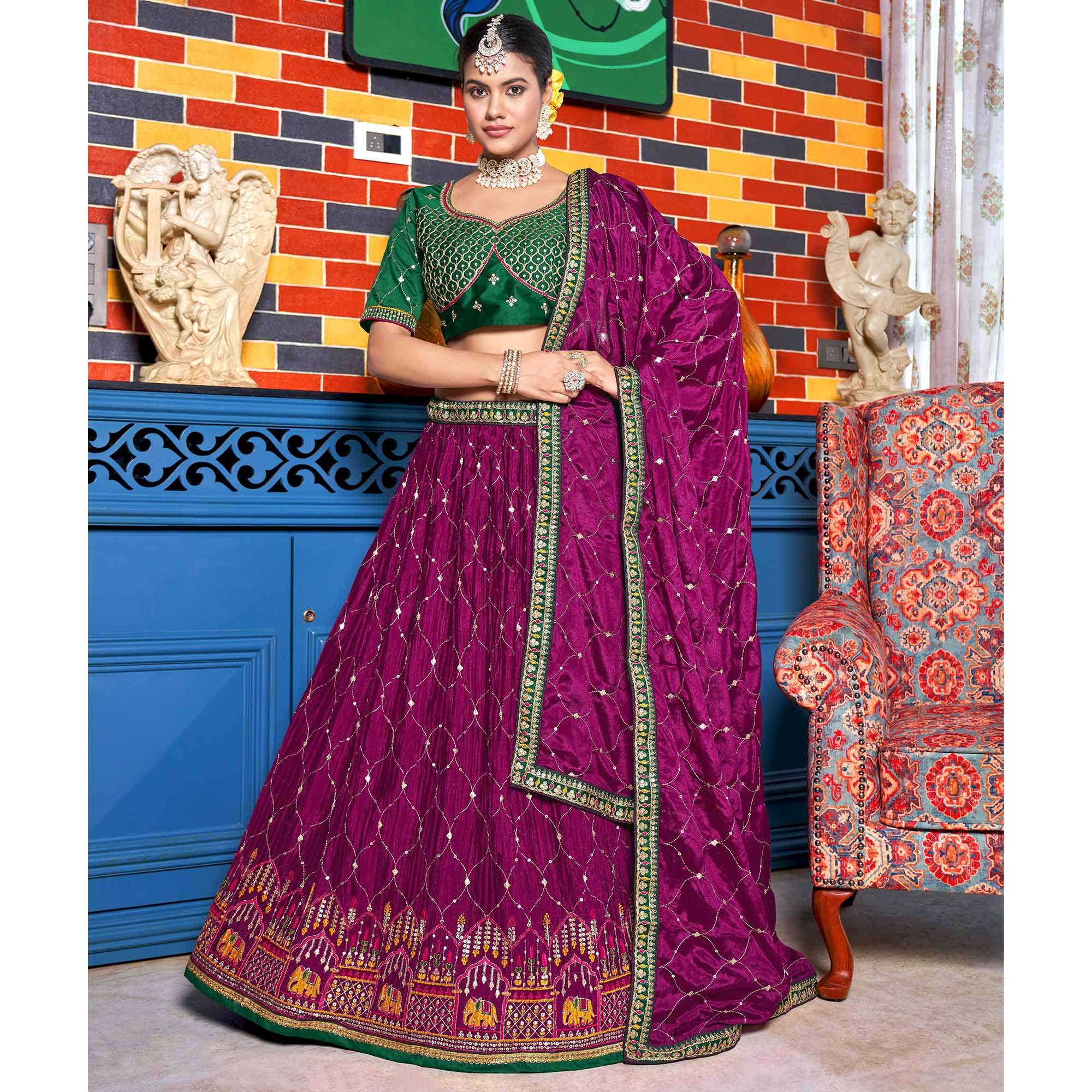 Wine Sequins Embroidered Chiffon Lehenga Choli