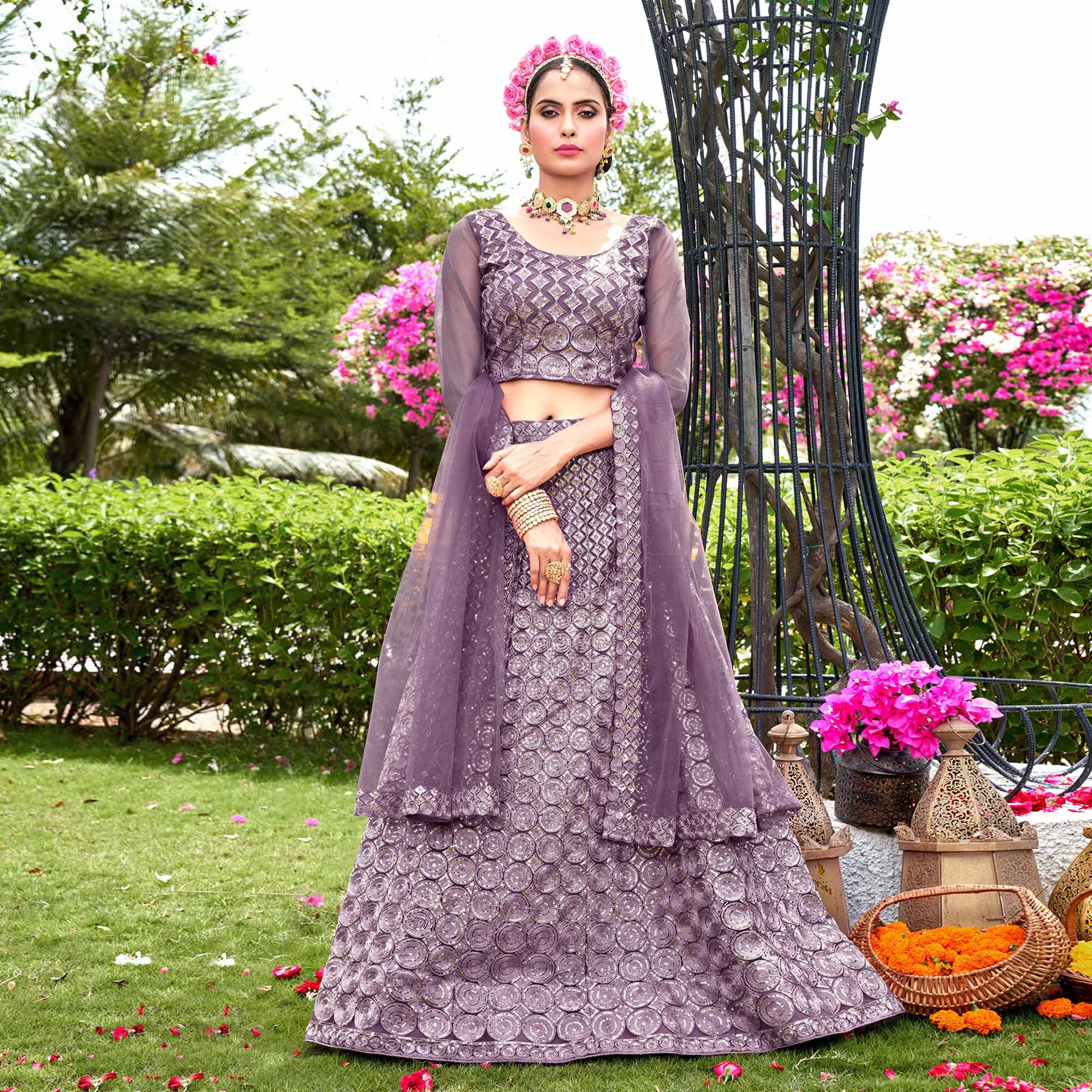 Violet Sequins Embroidered Net Lehenga Choli