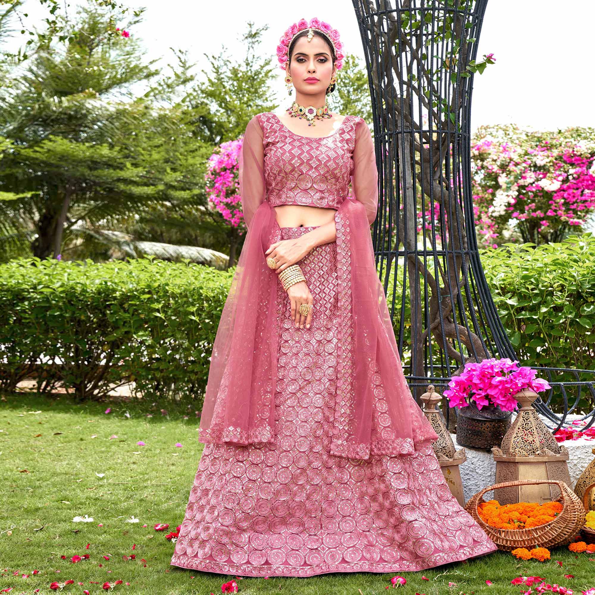 Pink Sequins Embroidered Net Lehenga Choli