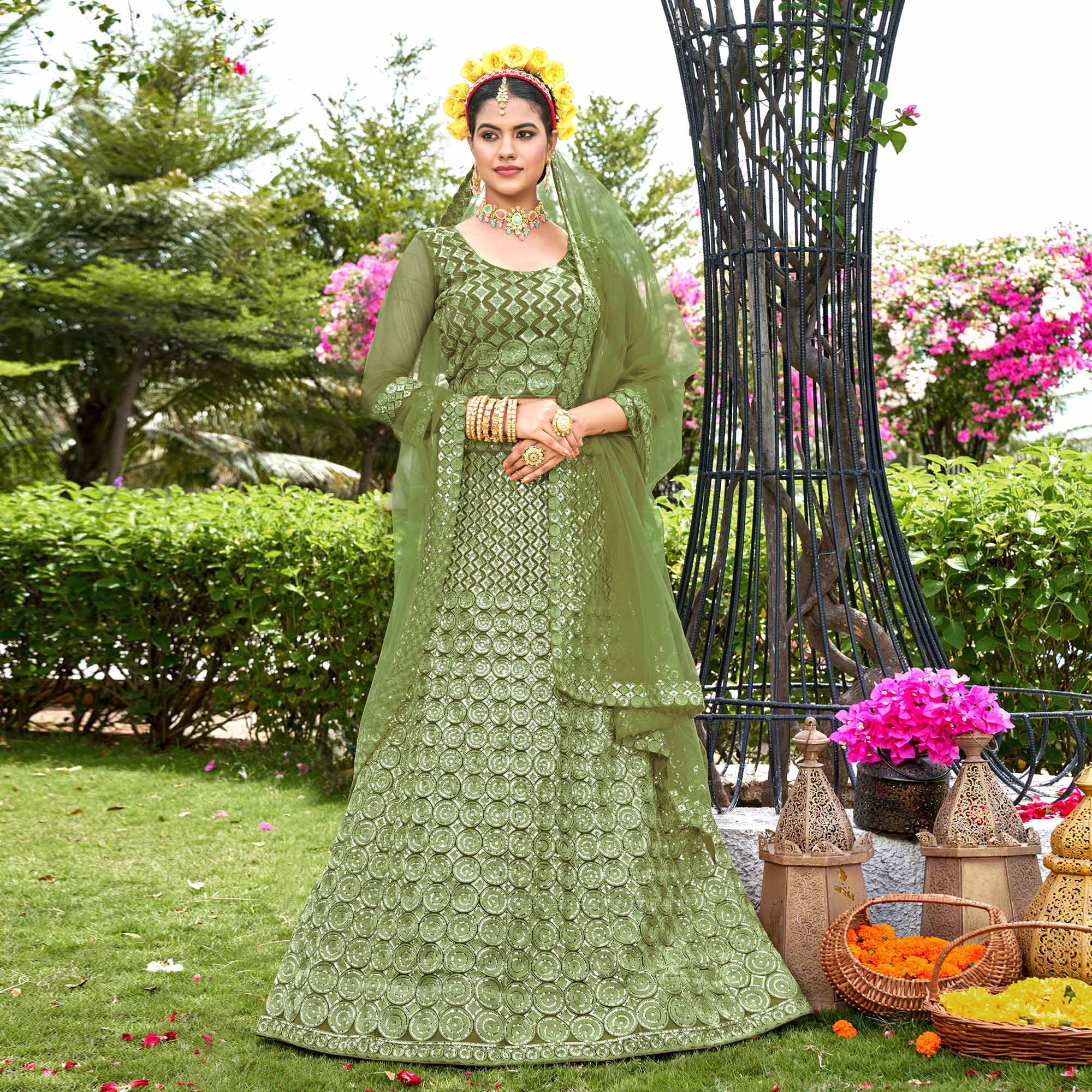 Green Sequins Embroidered Net Lehenga Choli