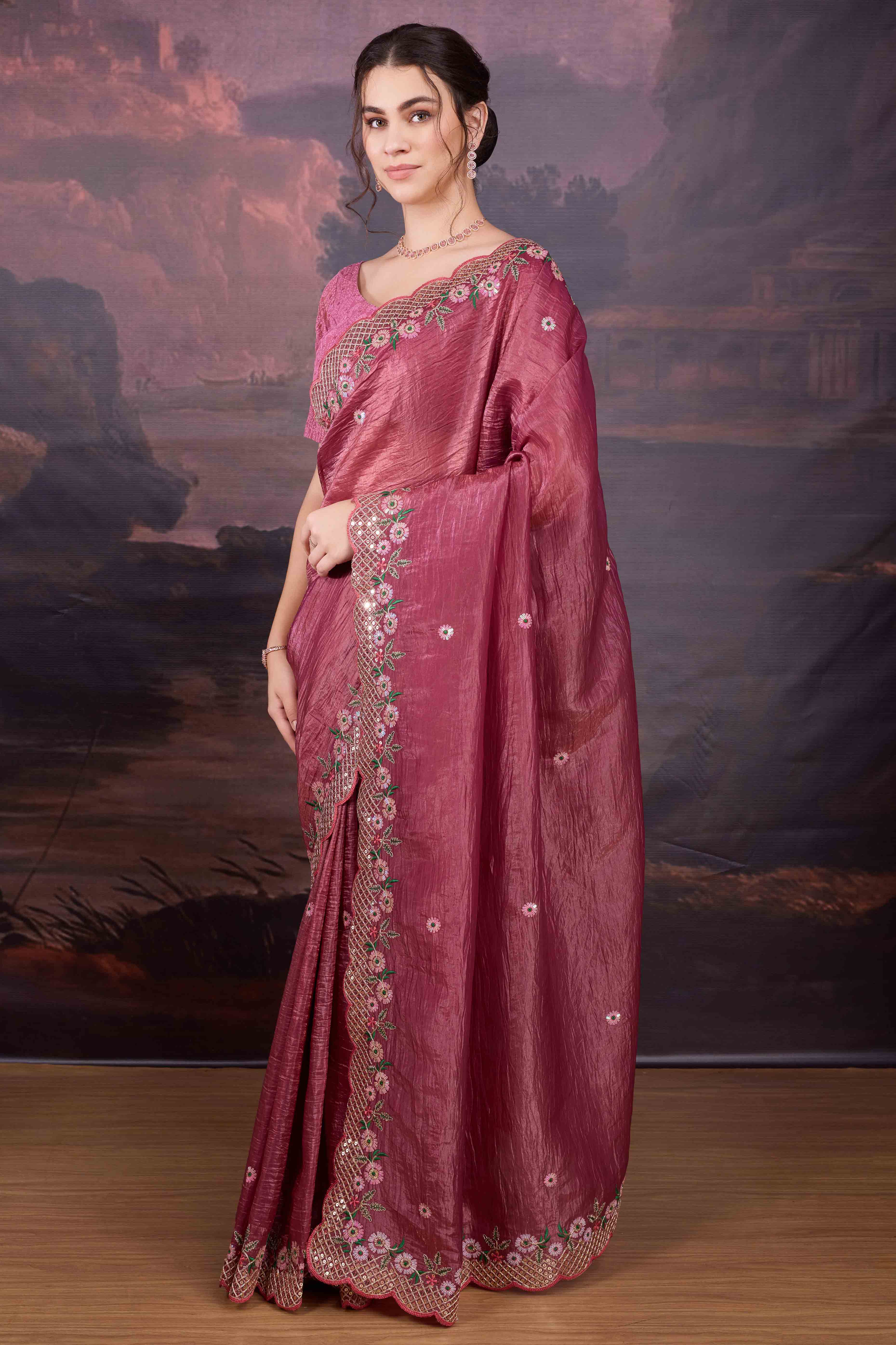 Mauve Floral Design Art Silk Saree with Glittering Sequins Embroidery