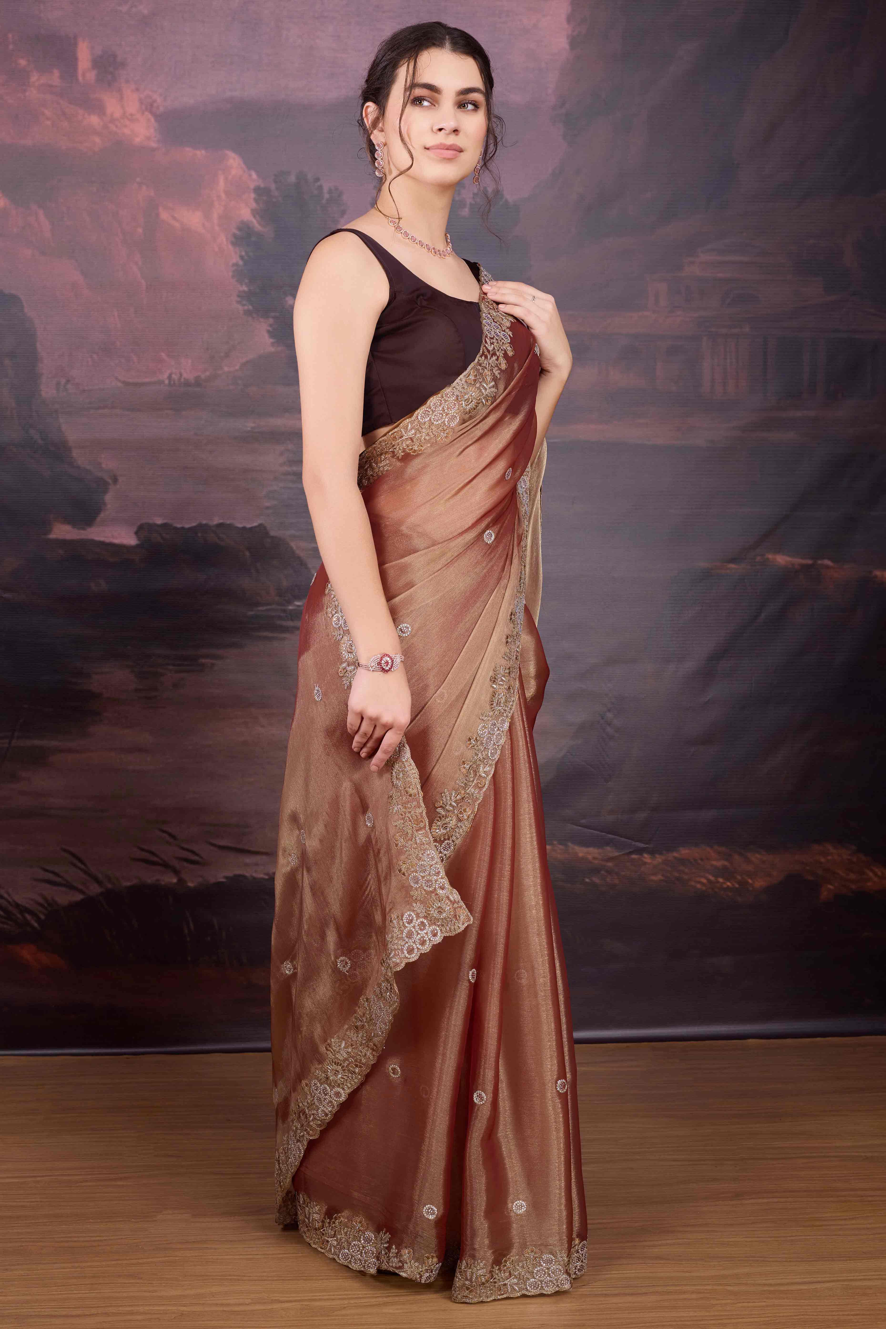 Elegant Rust Brown Organza Saree Embellished with Stone Embroidery