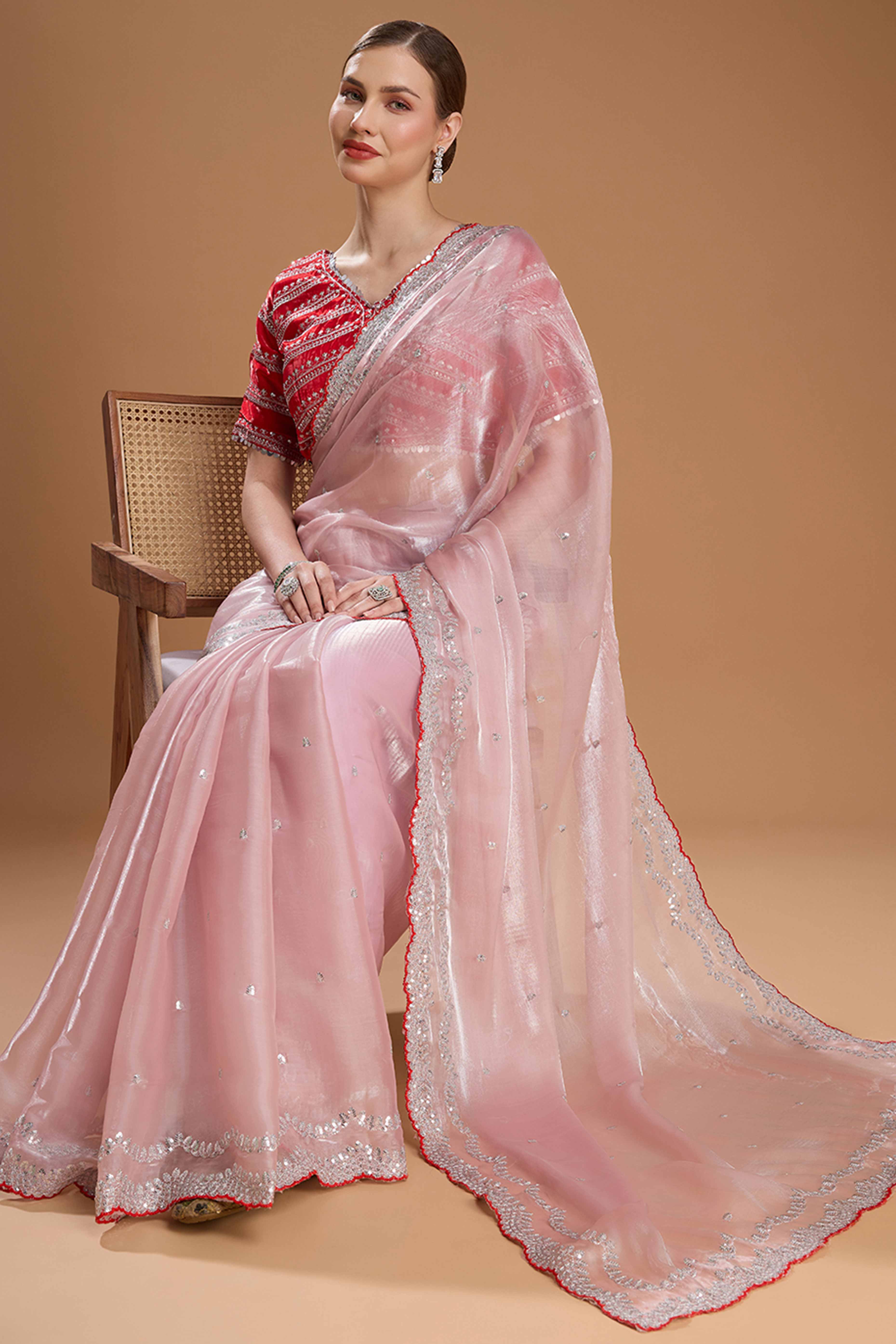 Light Peach Embroidered Saree in Organza with Sequins Accents