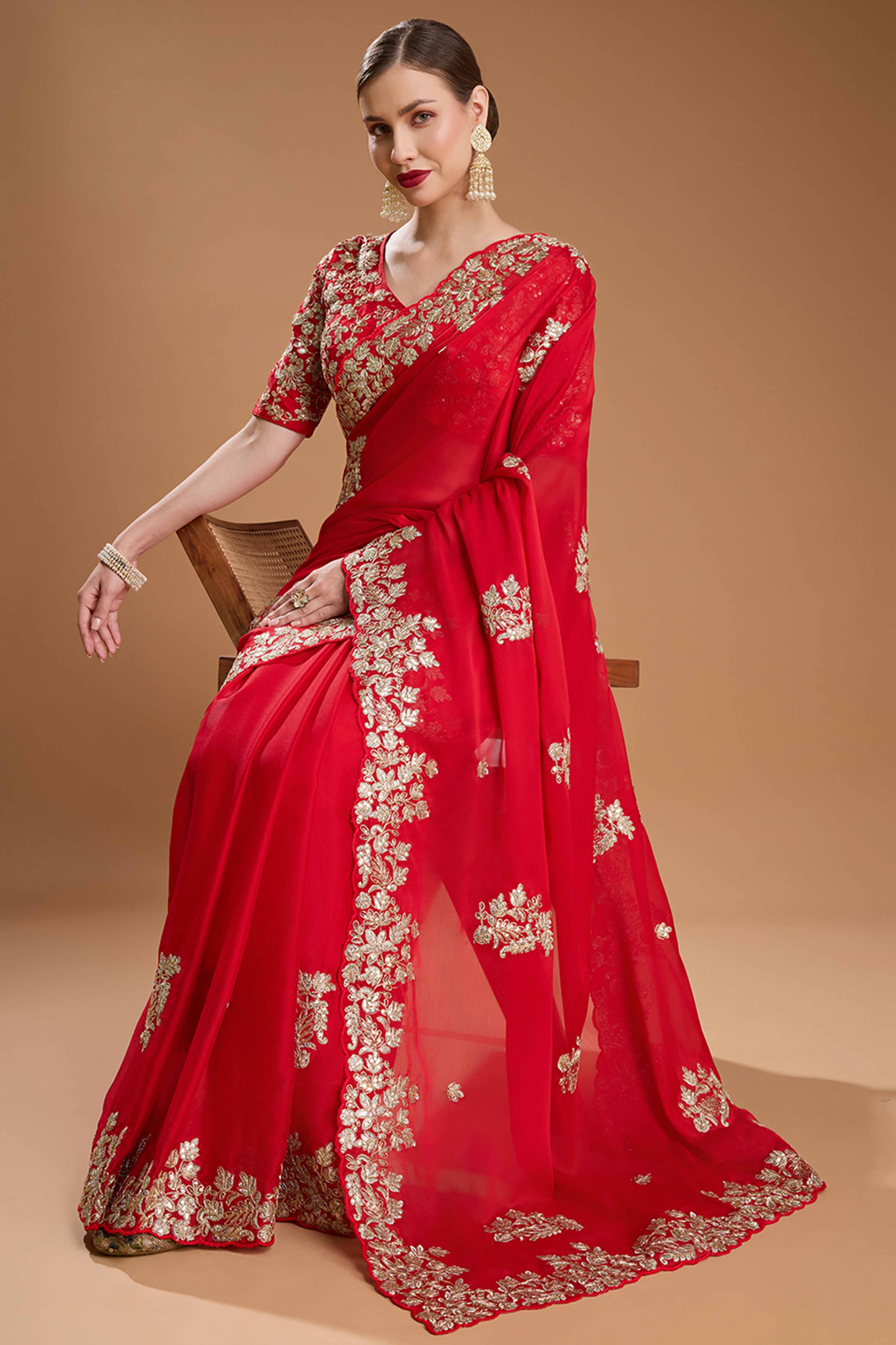 Red Organza Saree Enhanced with Elegant Sequins Embellishments