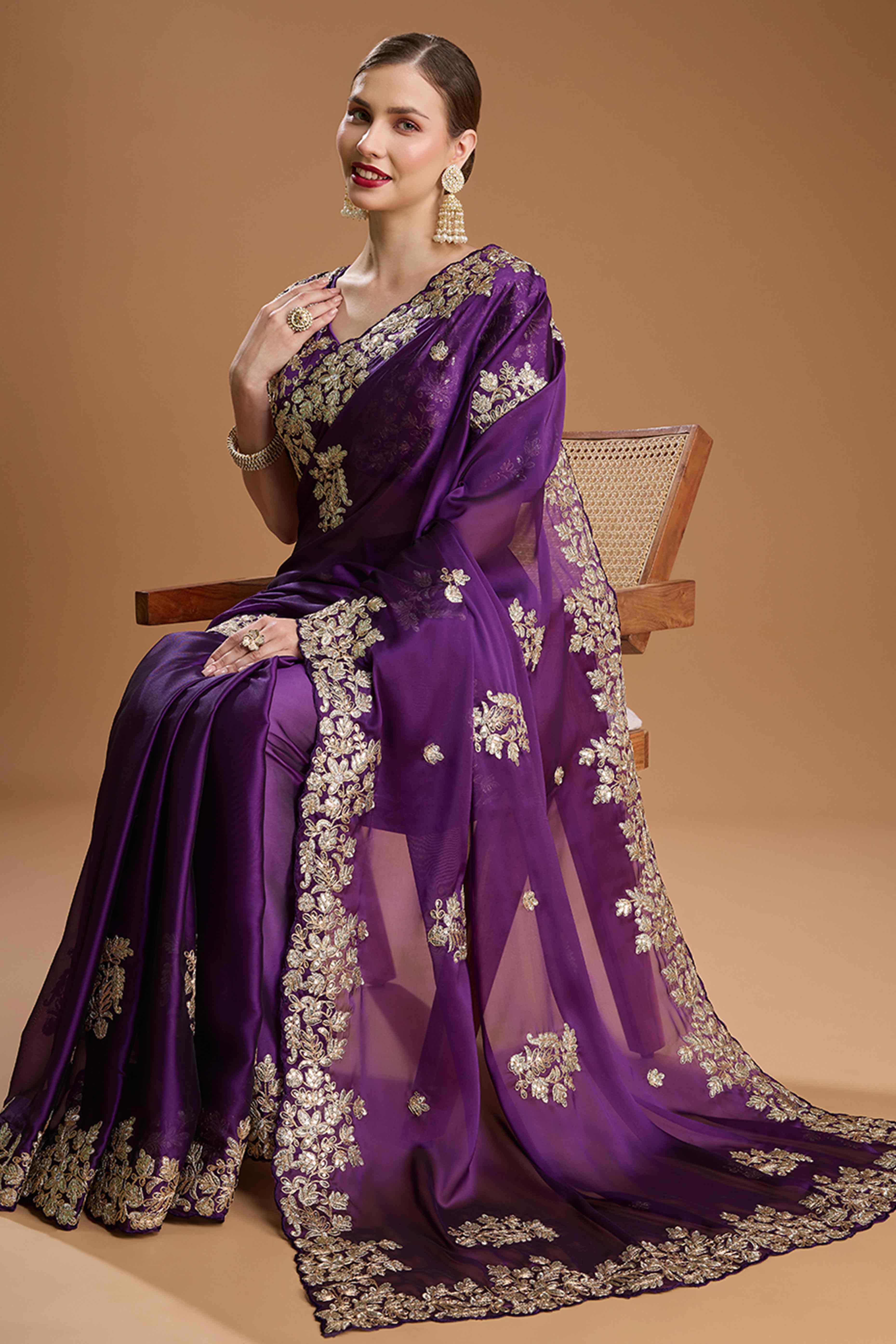 Dark Purple Organza Saree Enhanced with Elegant Sequins Embellishments
