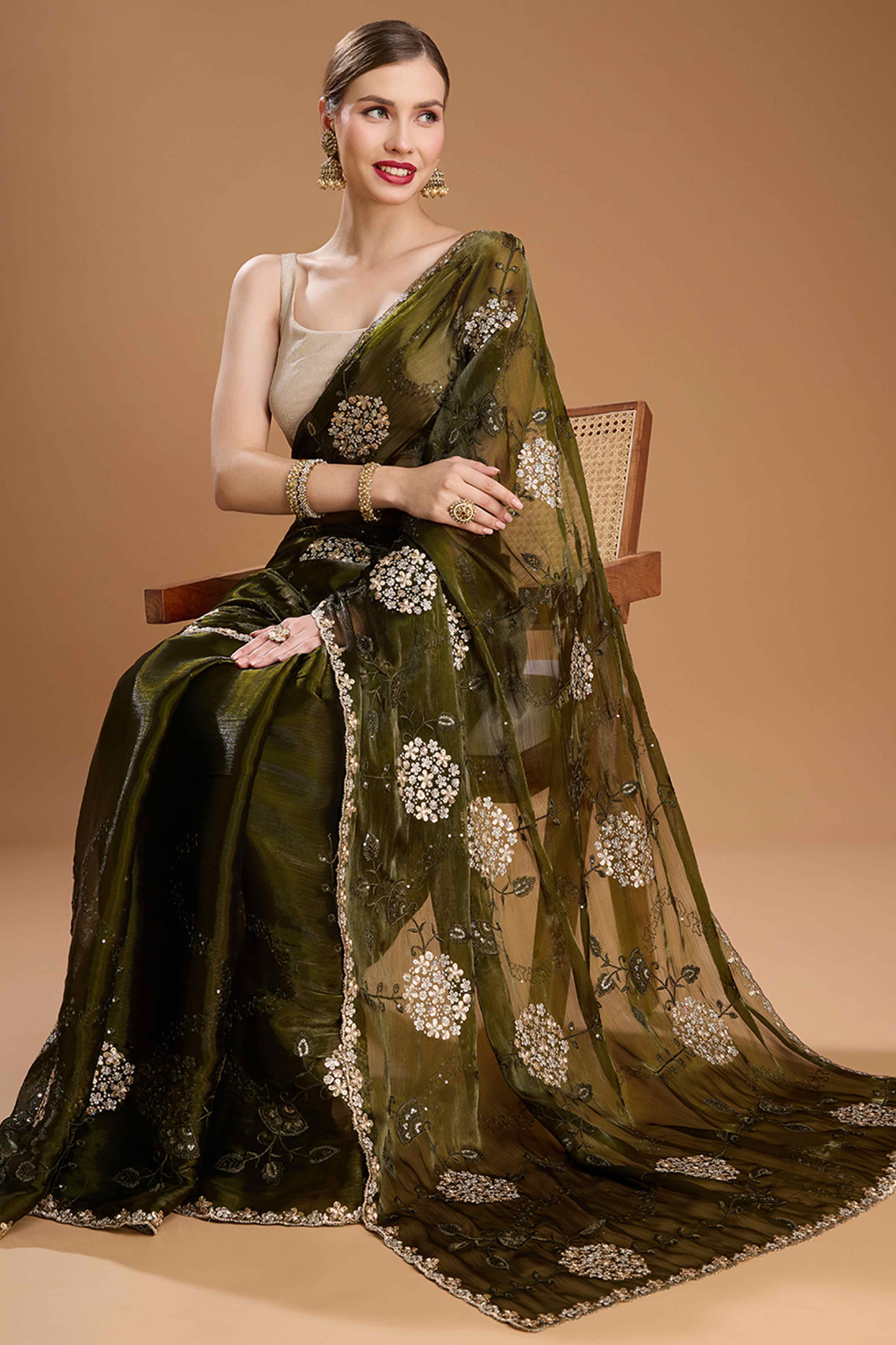 Mehandi Green Floral Design Organza Saree with Glittering Sequins Embroidery