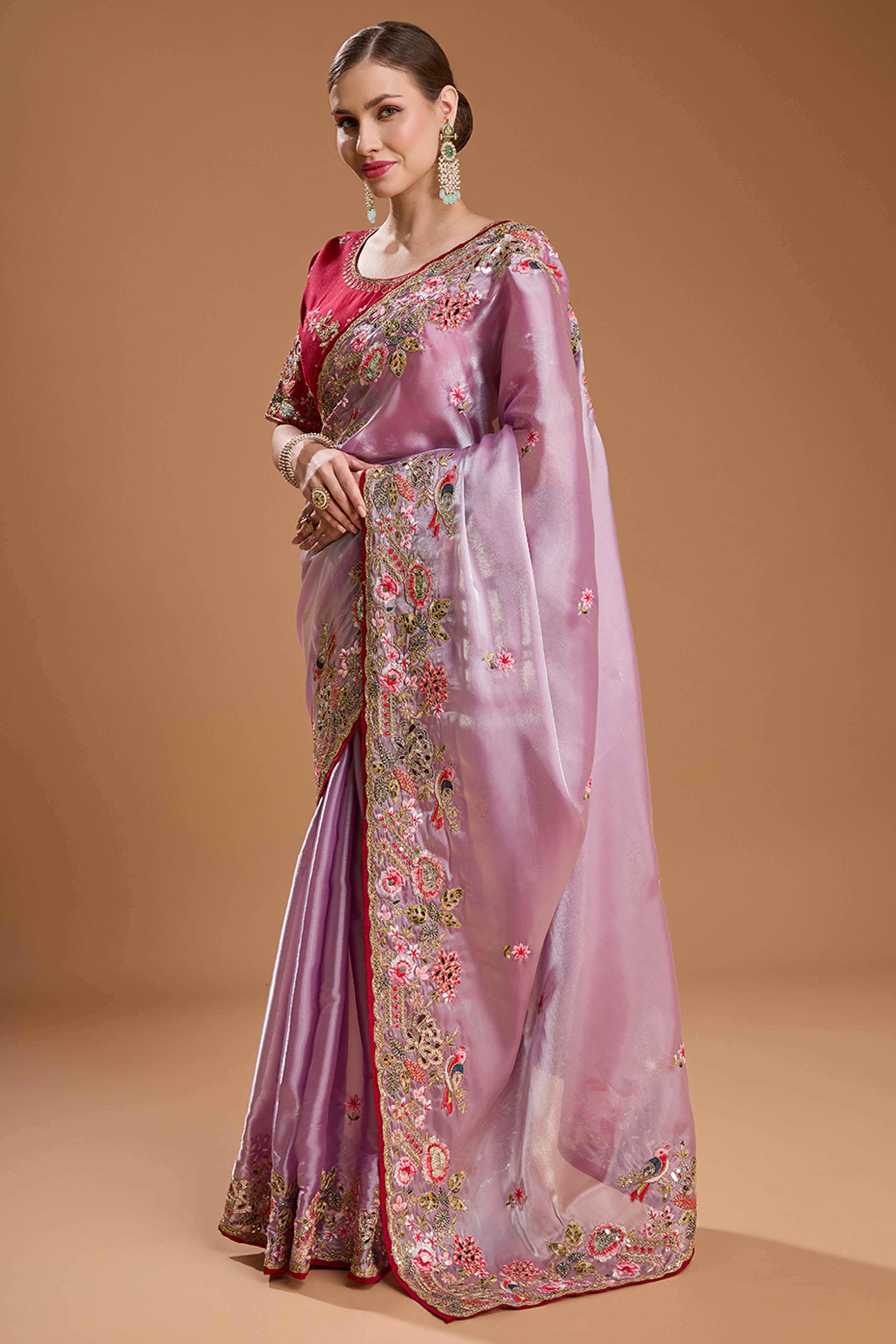 Light Purple Floral Design Organza Saree with Glittering Sequins Embroidery