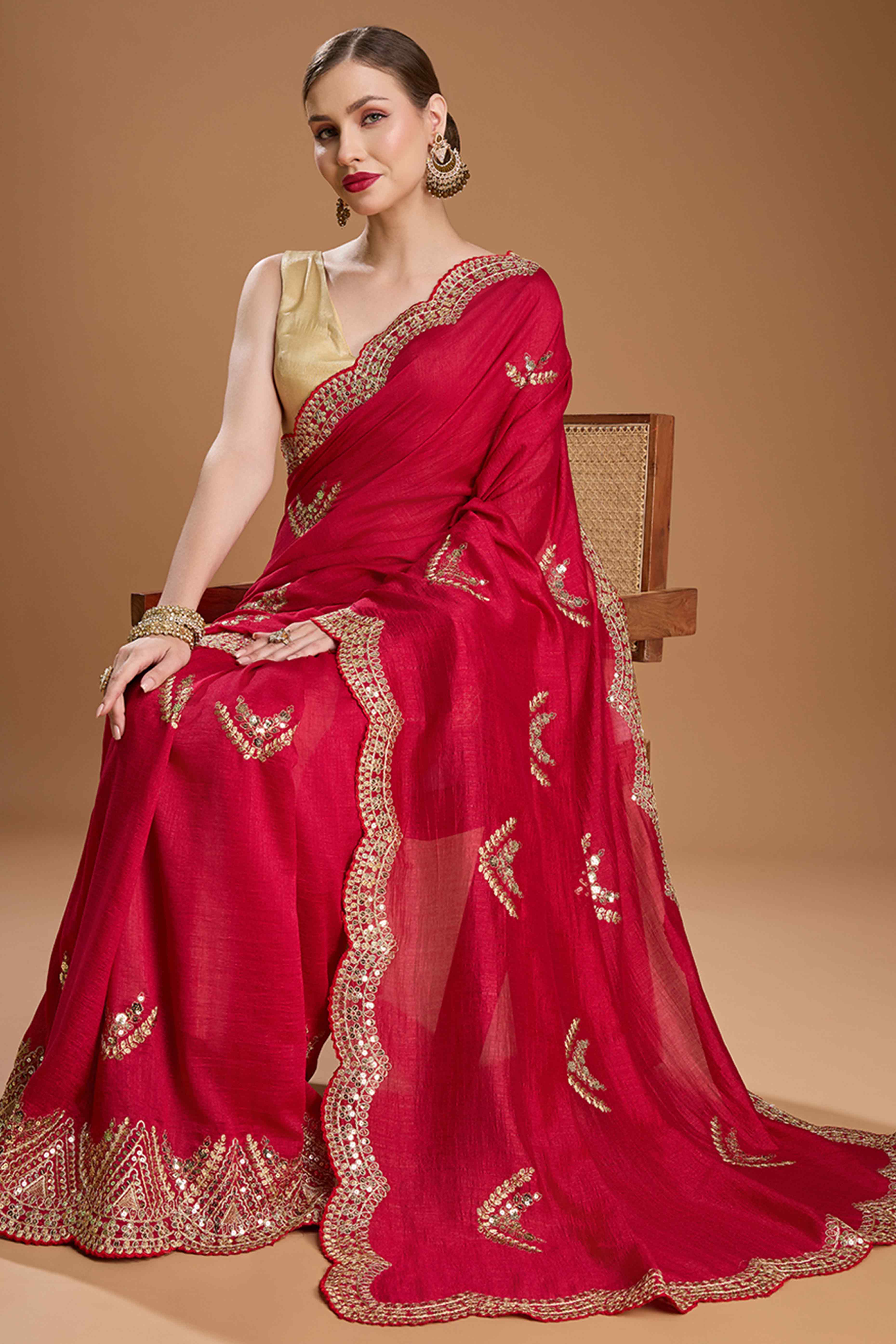 Cherry Red Embroidered Saree in Chiffon with Sequins Accents