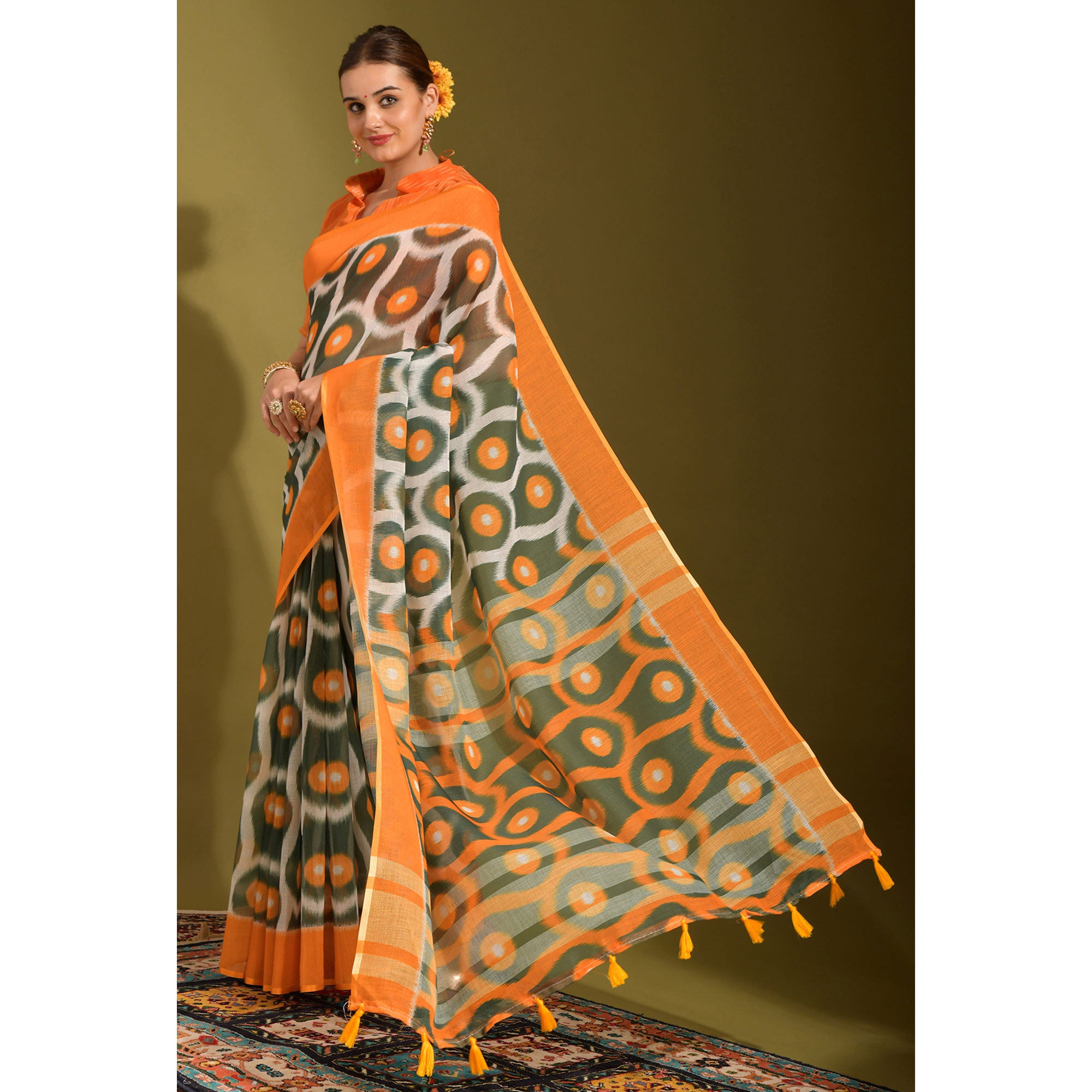 Orange Geometric Digital Printed Linen Saree With Tassels