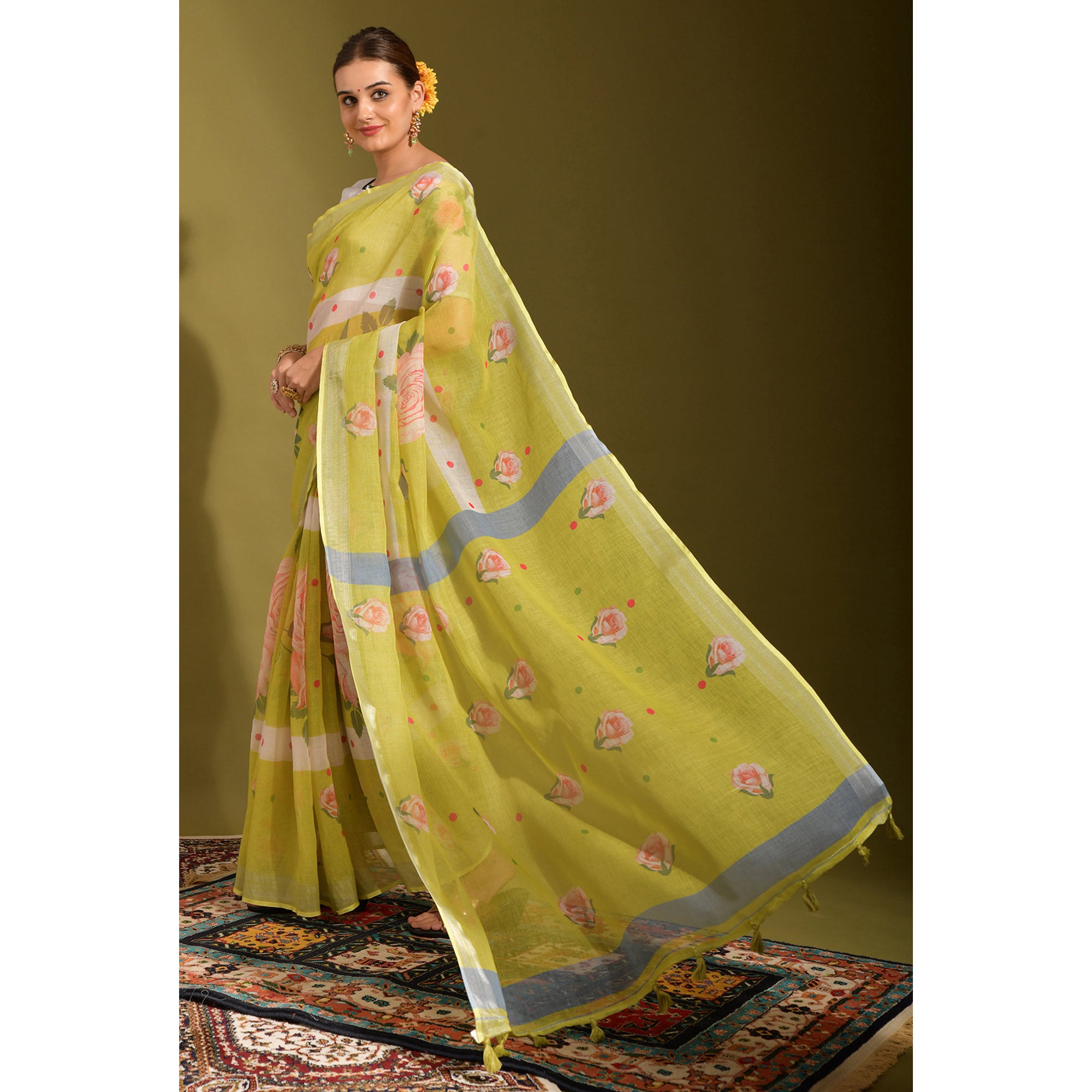 Green Floral Digital Printed Linen Saree With Tassels