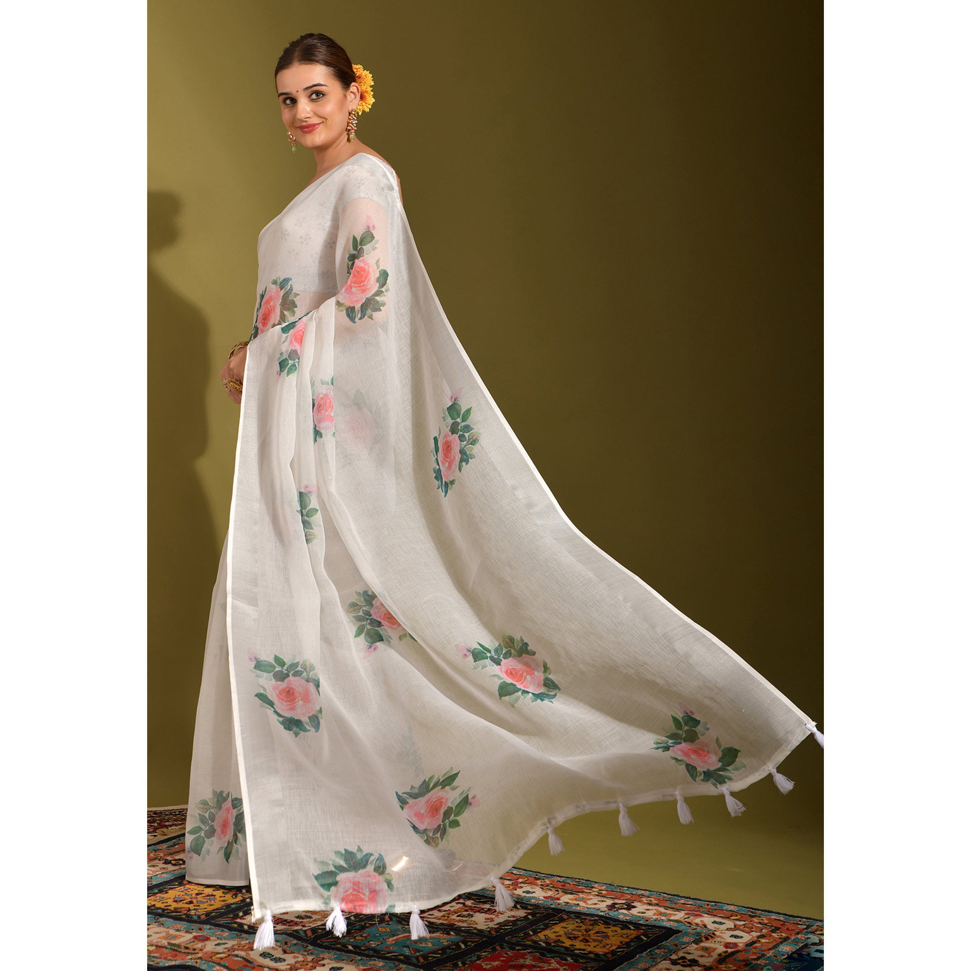 White Floral Digital Printed Linen Saree With Tassels