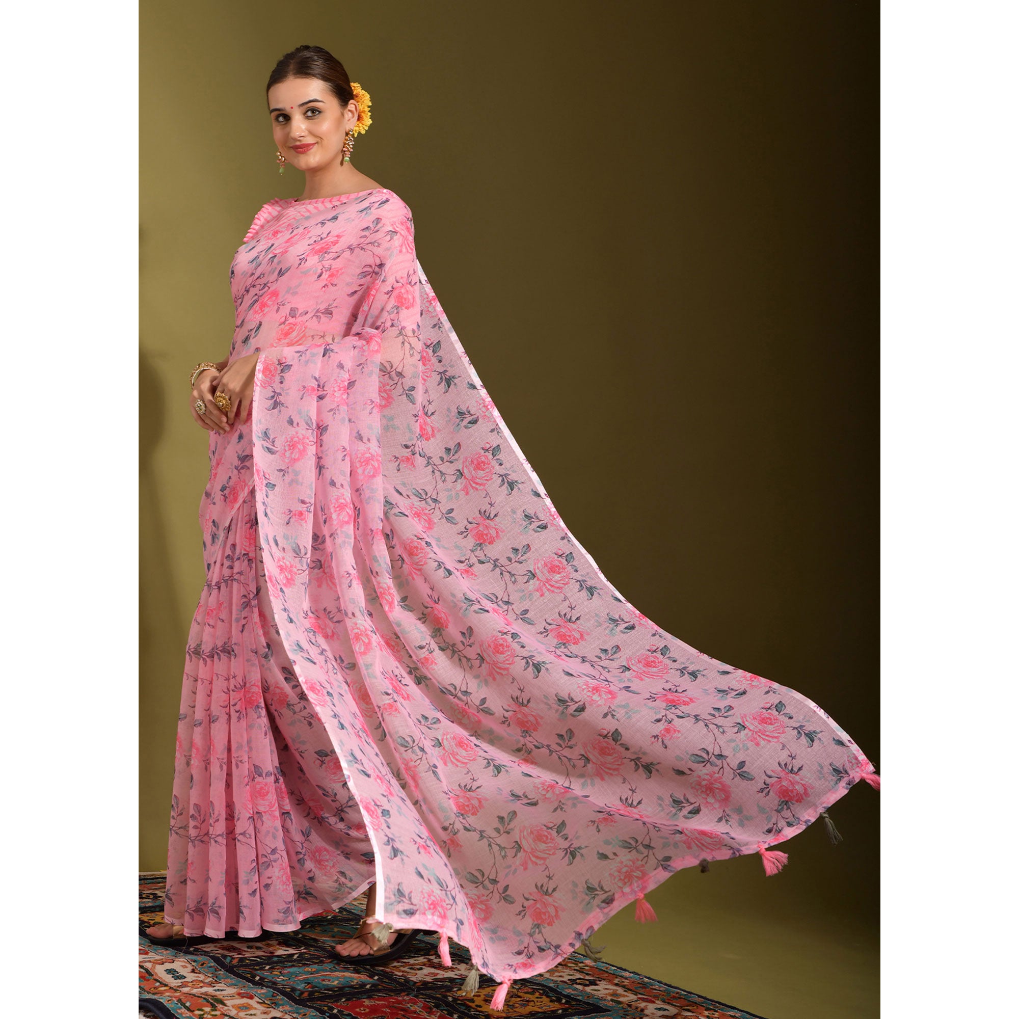 Pink Floral Digital Printed Linen Saree With Tassels