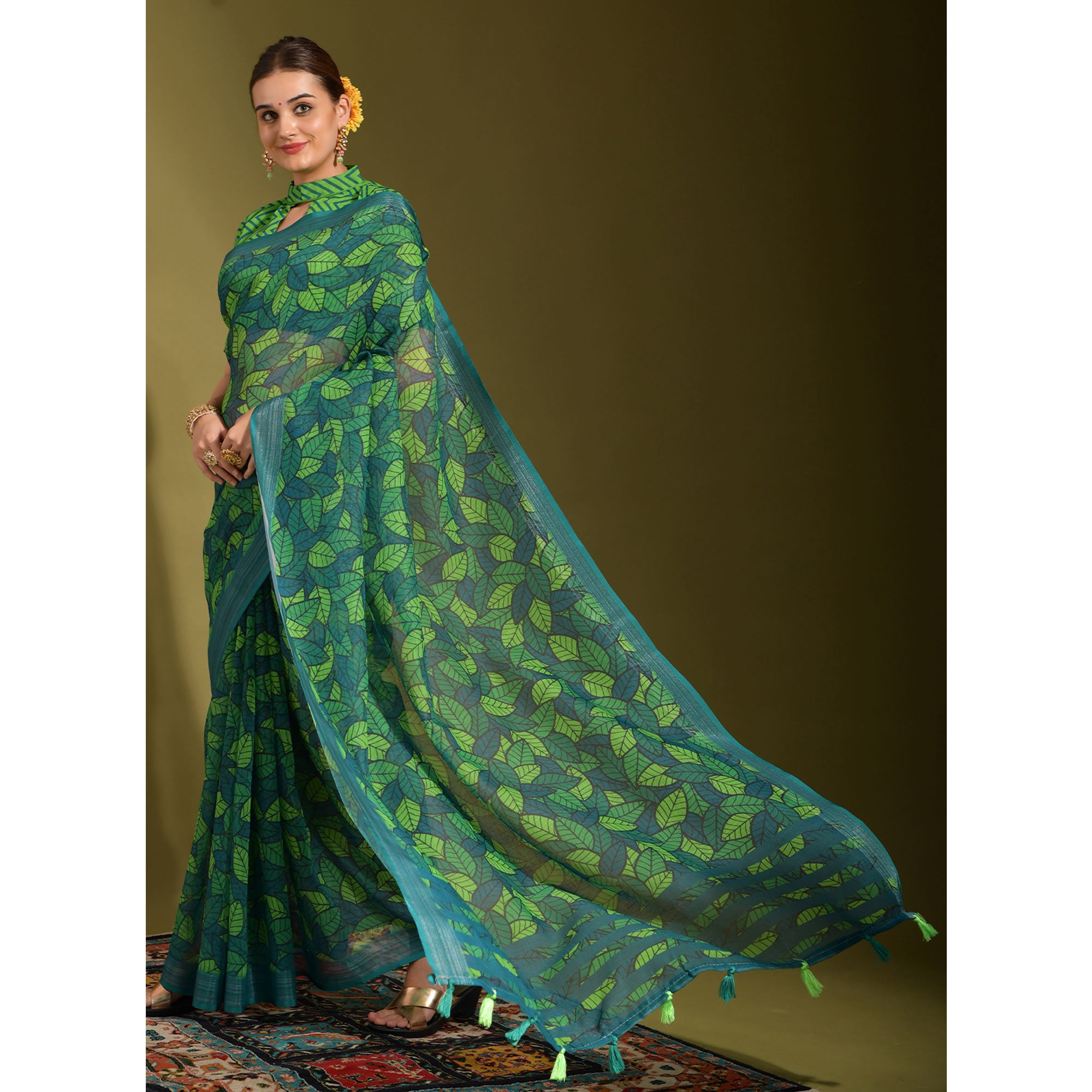 Green Digital Printed Linen Saree With Tassels