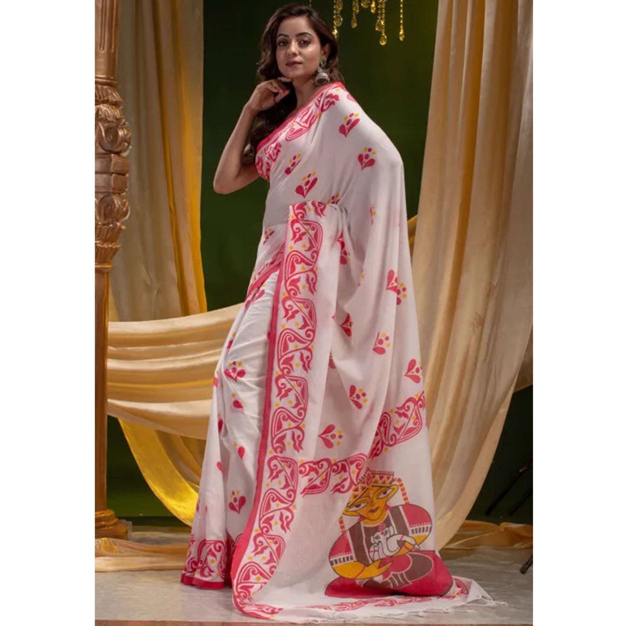 White Digital Printed Linen Saree With Tassels