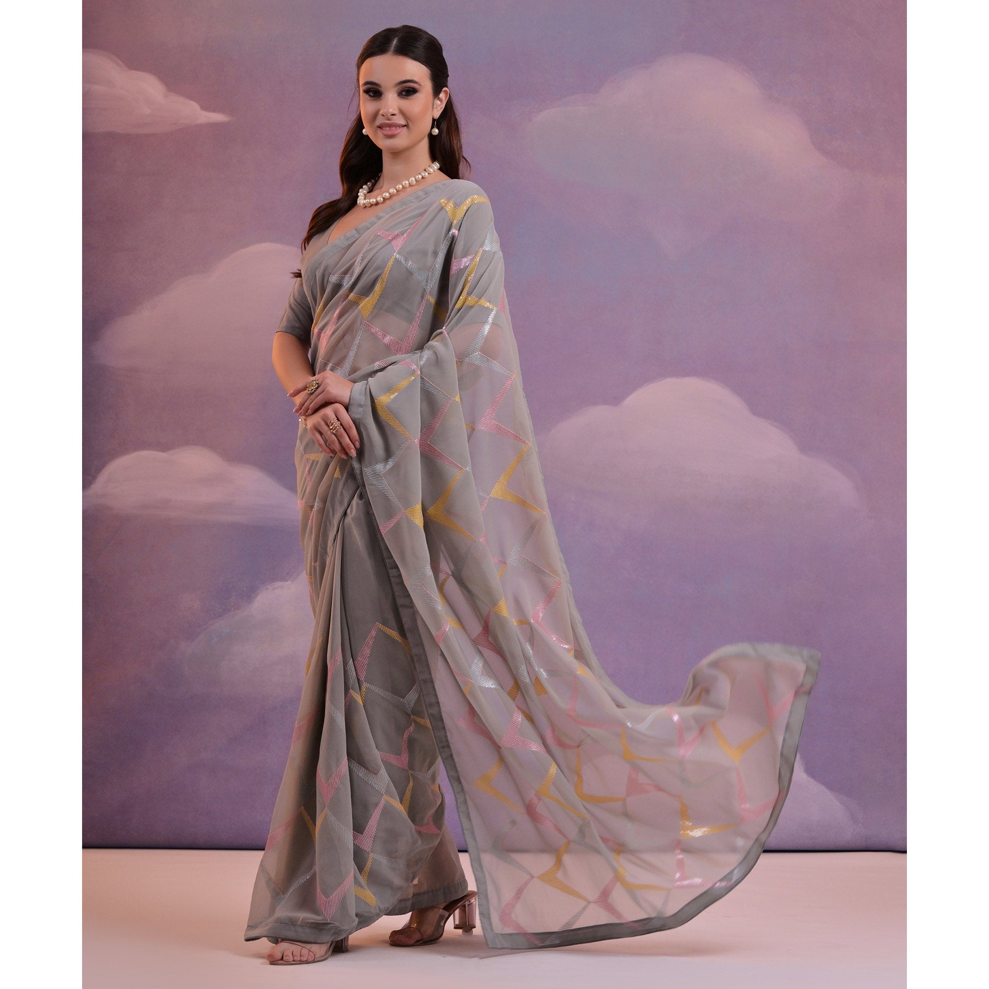 Grey Sequins Embroidered Georgette Saree