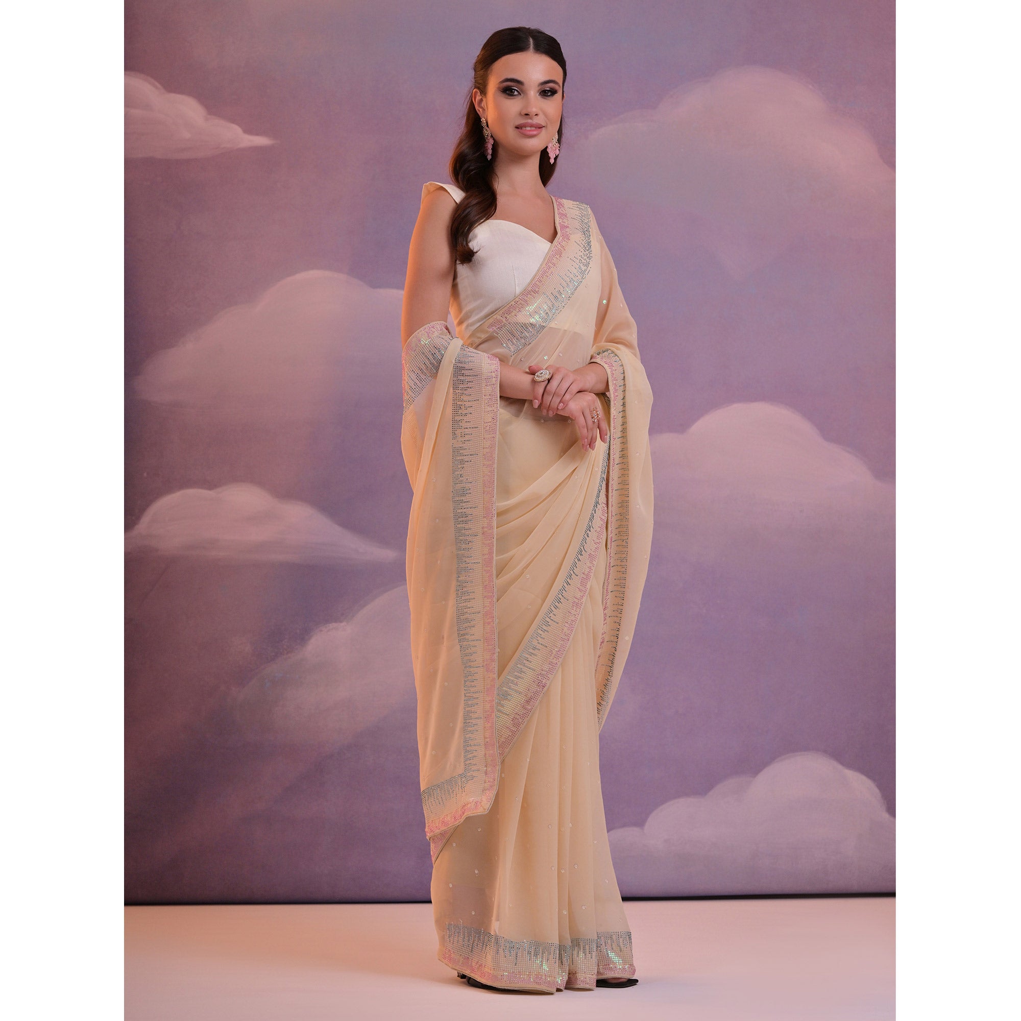 Cream Swarovski With Sequins Work Georgette Saree