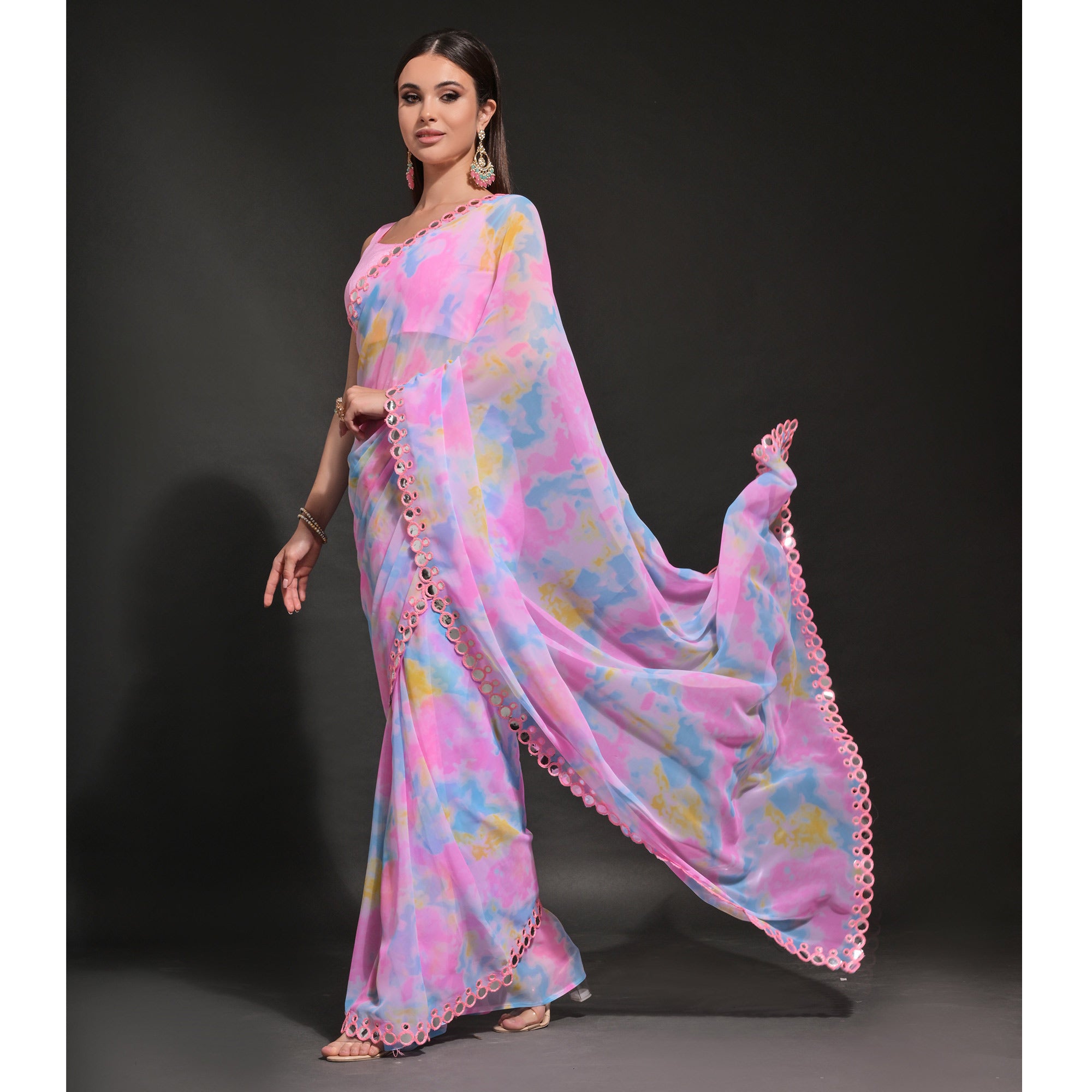 Pink Printed Georgette Saree With Embroidered Saree