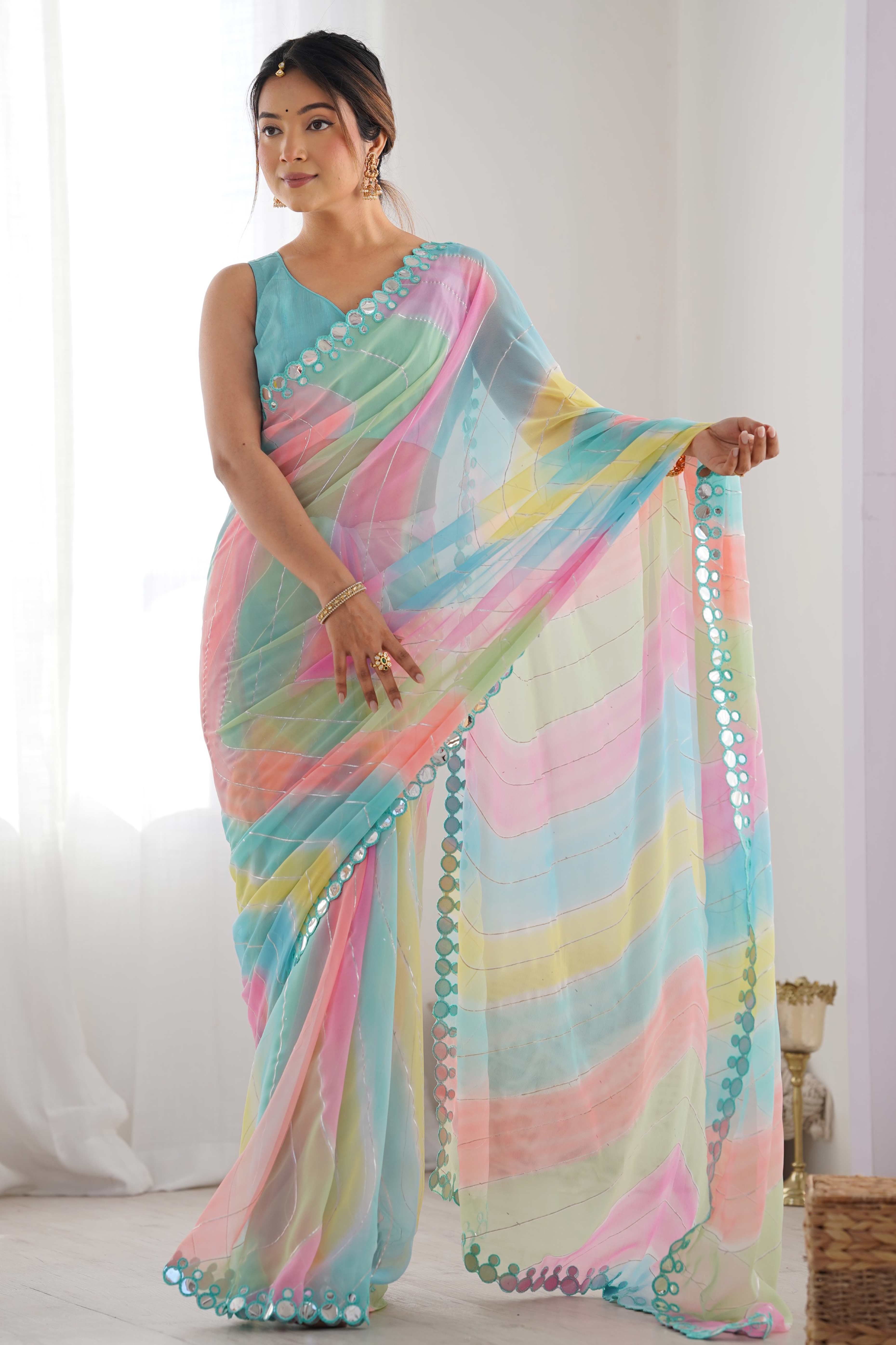 Multicolor Mirror Work Embroidered Georgette Saree