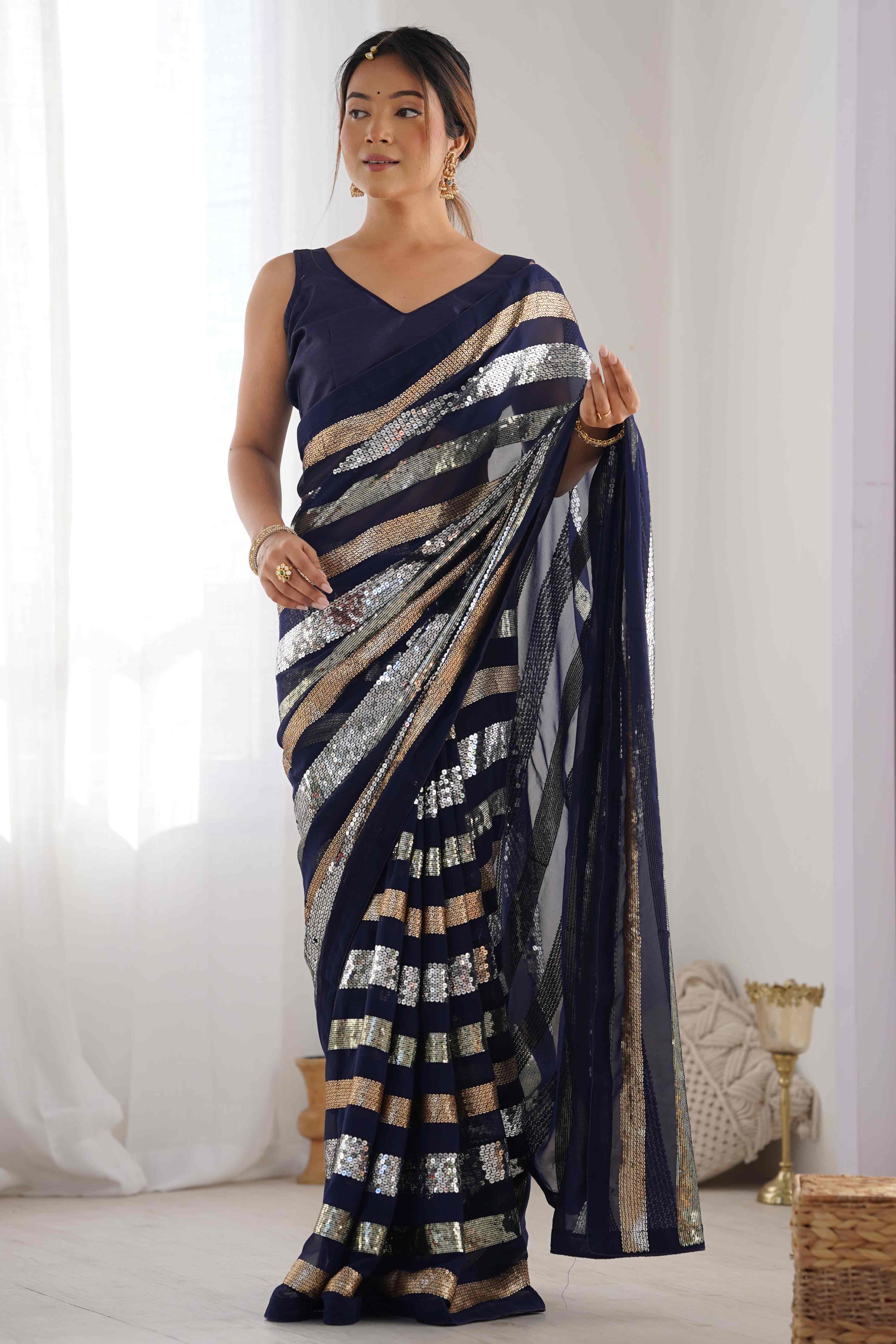 Blue Sequins Embroidered Georgette Saree