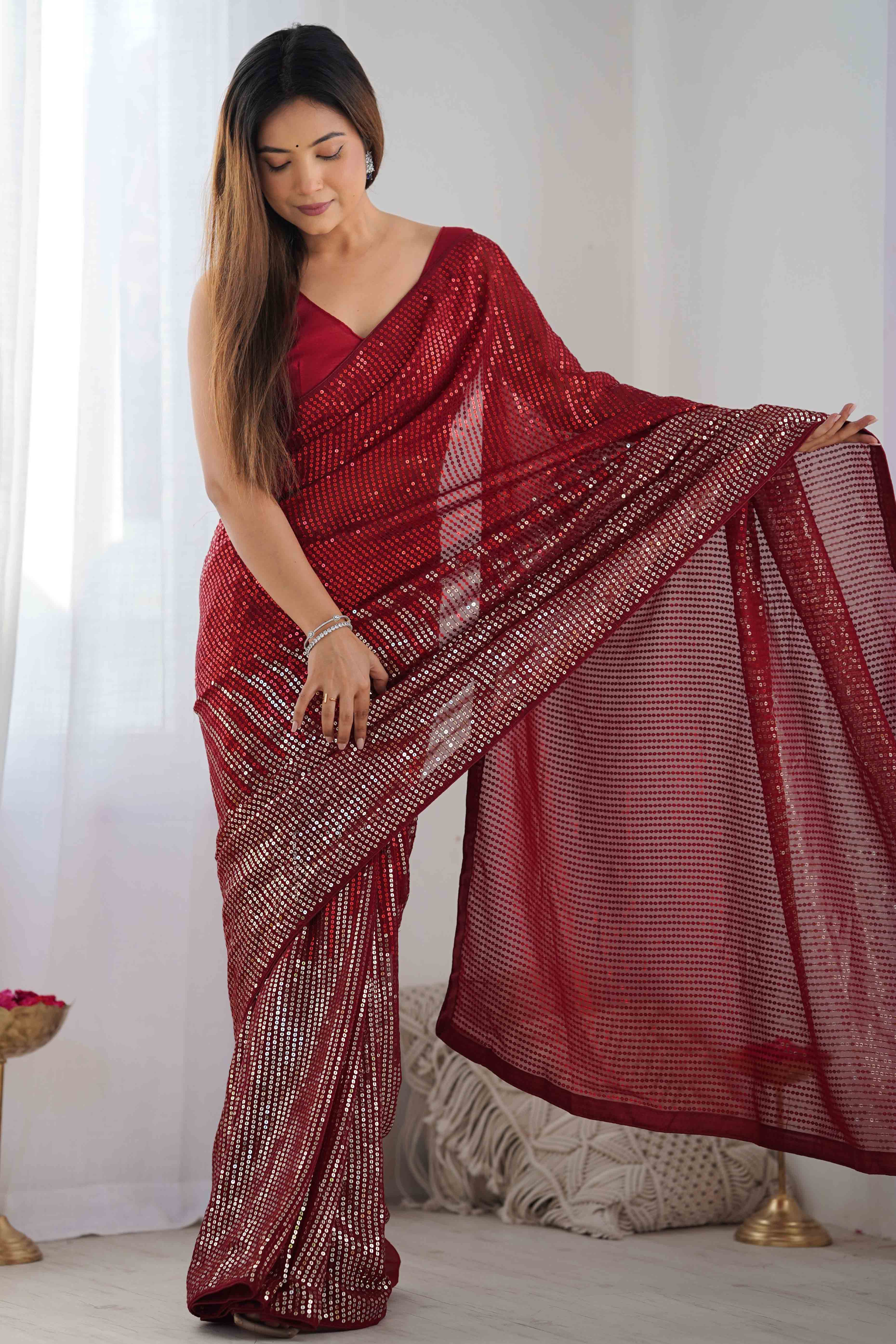 Maroon Sequins Embroidered Georgette Saree