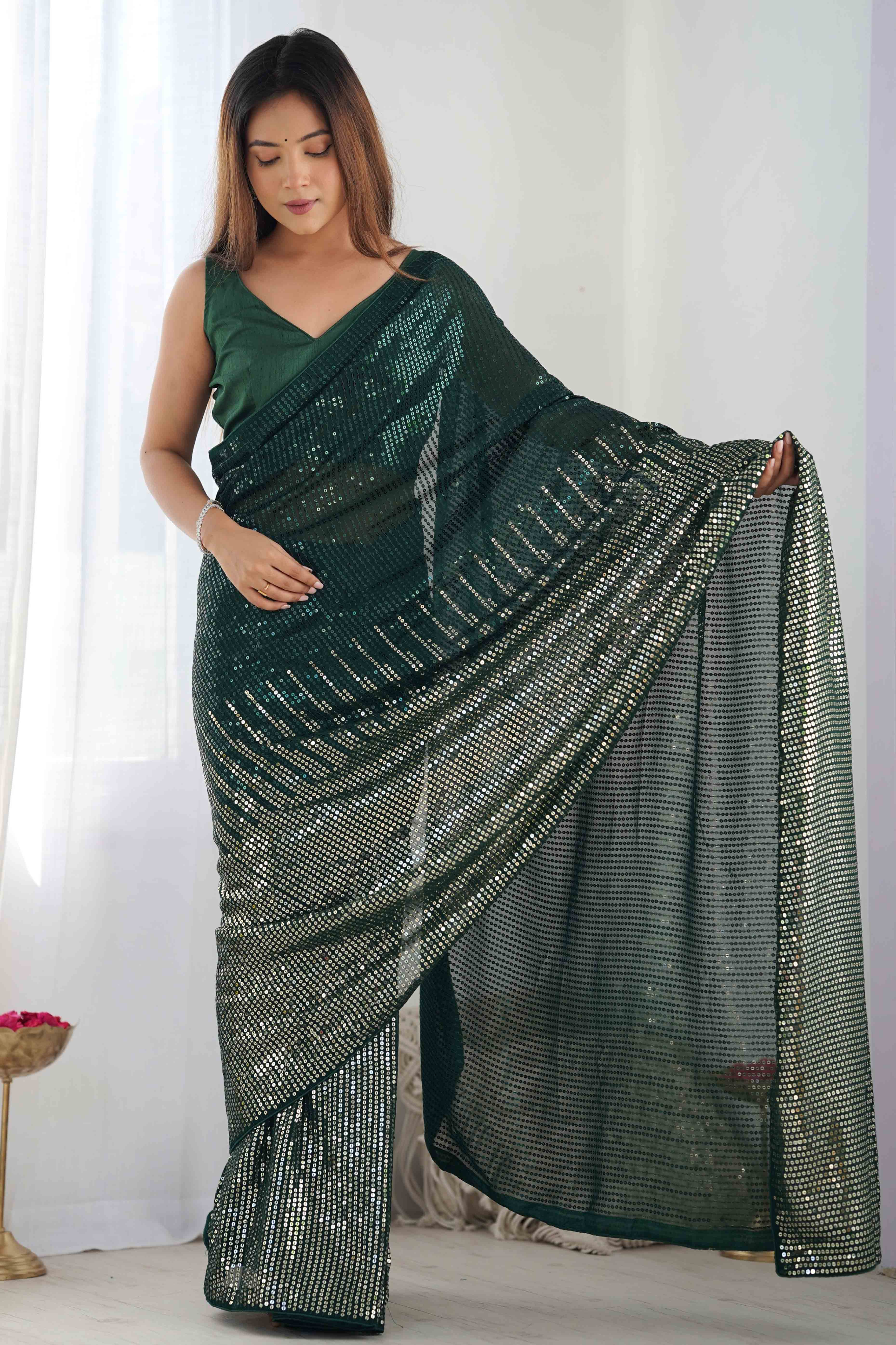 Green Sequins Embroidered Georgette Saree