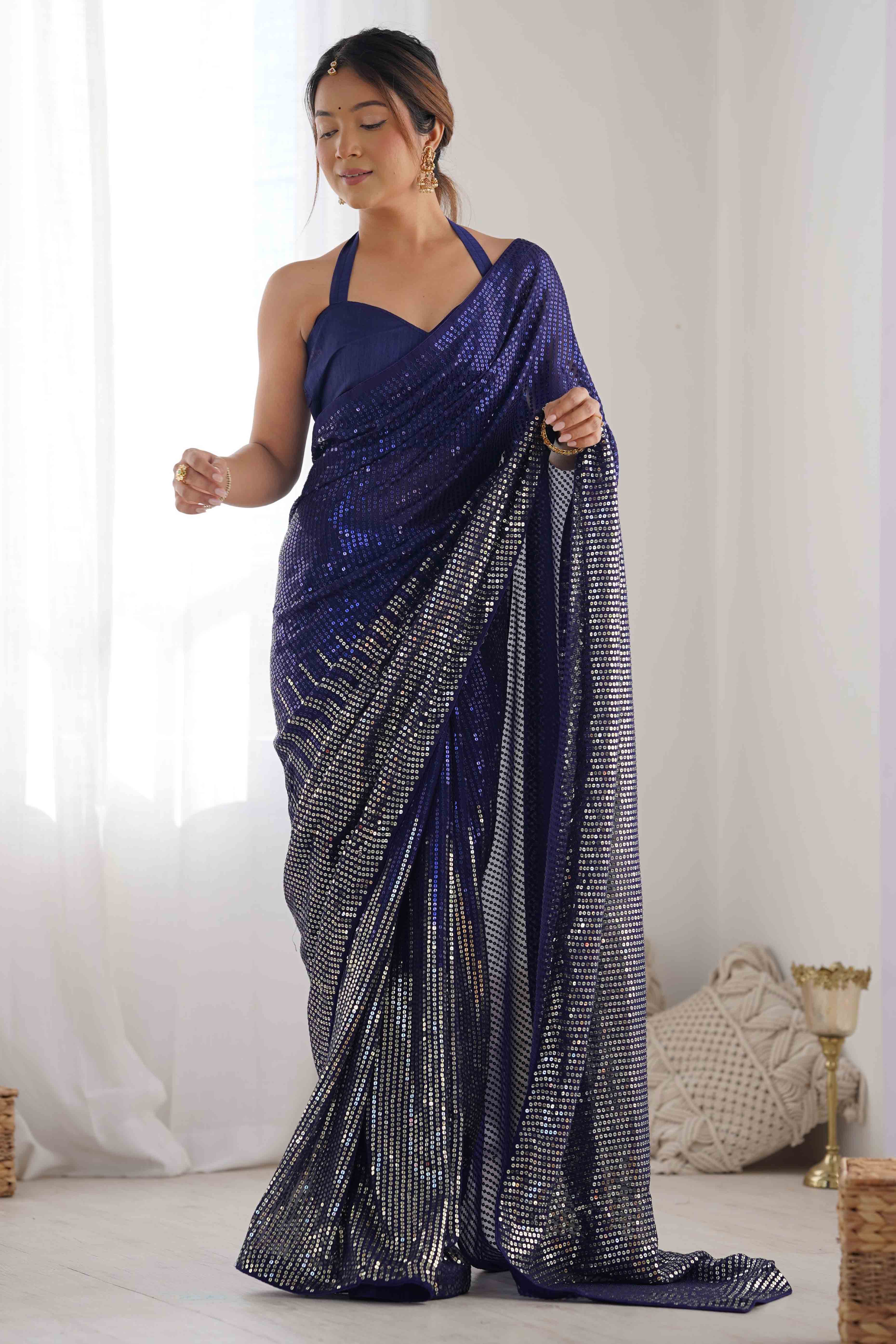 Blue Sequins Embrodered Georgette Saree