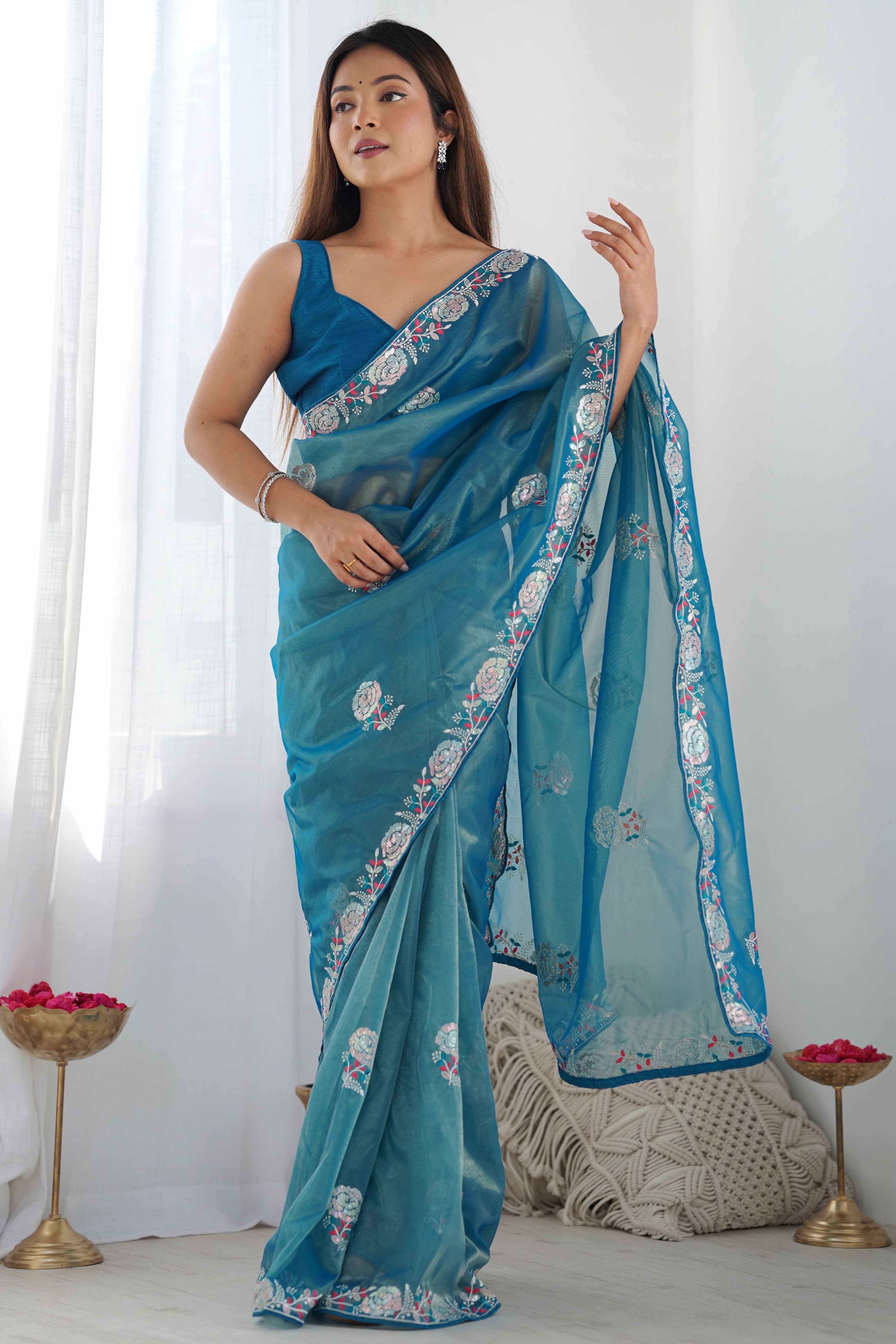 Dusty Teal Floral Embroidered Net Saree