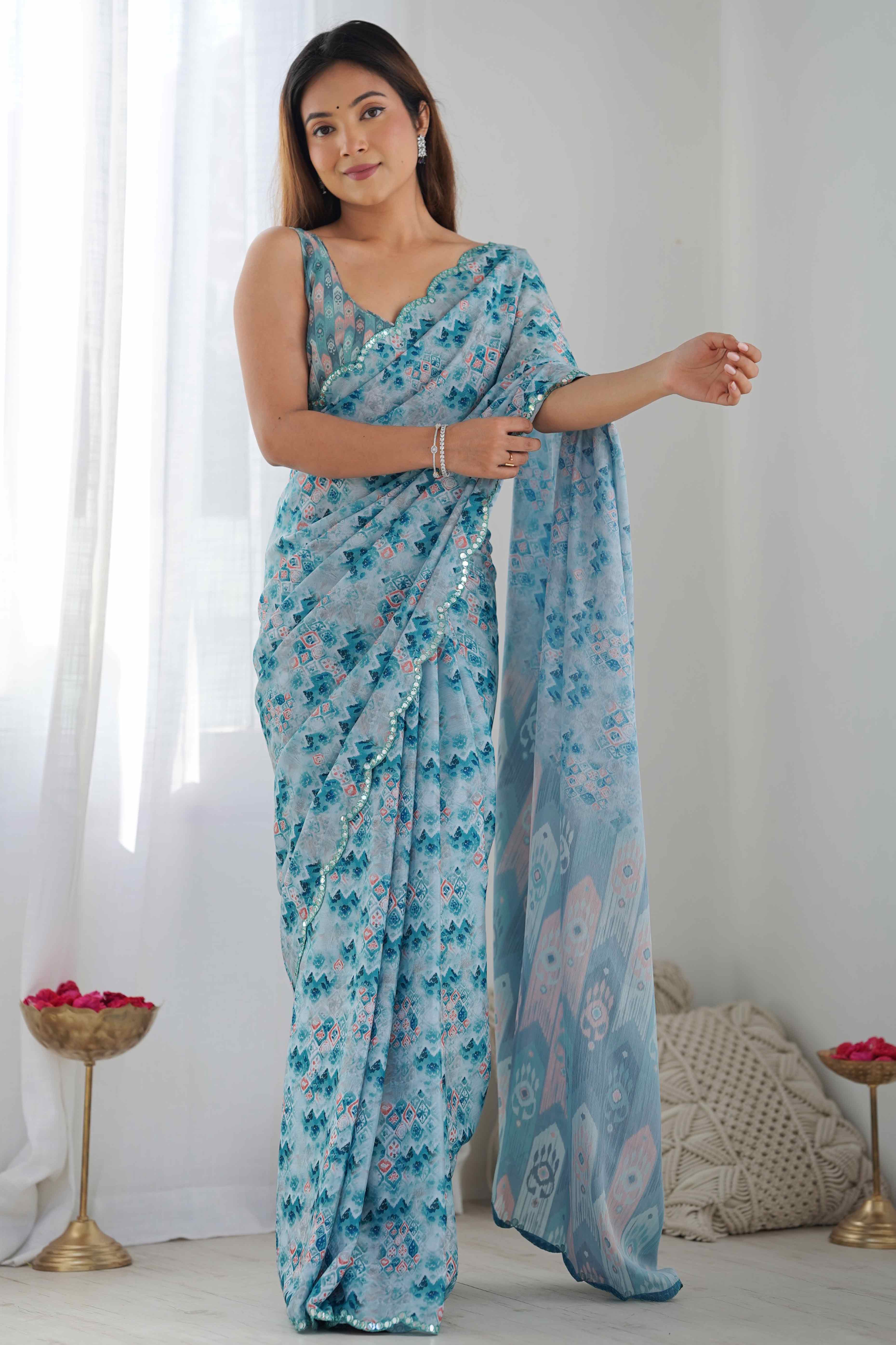 Sky Blue Geometric Printed Chinon Saree