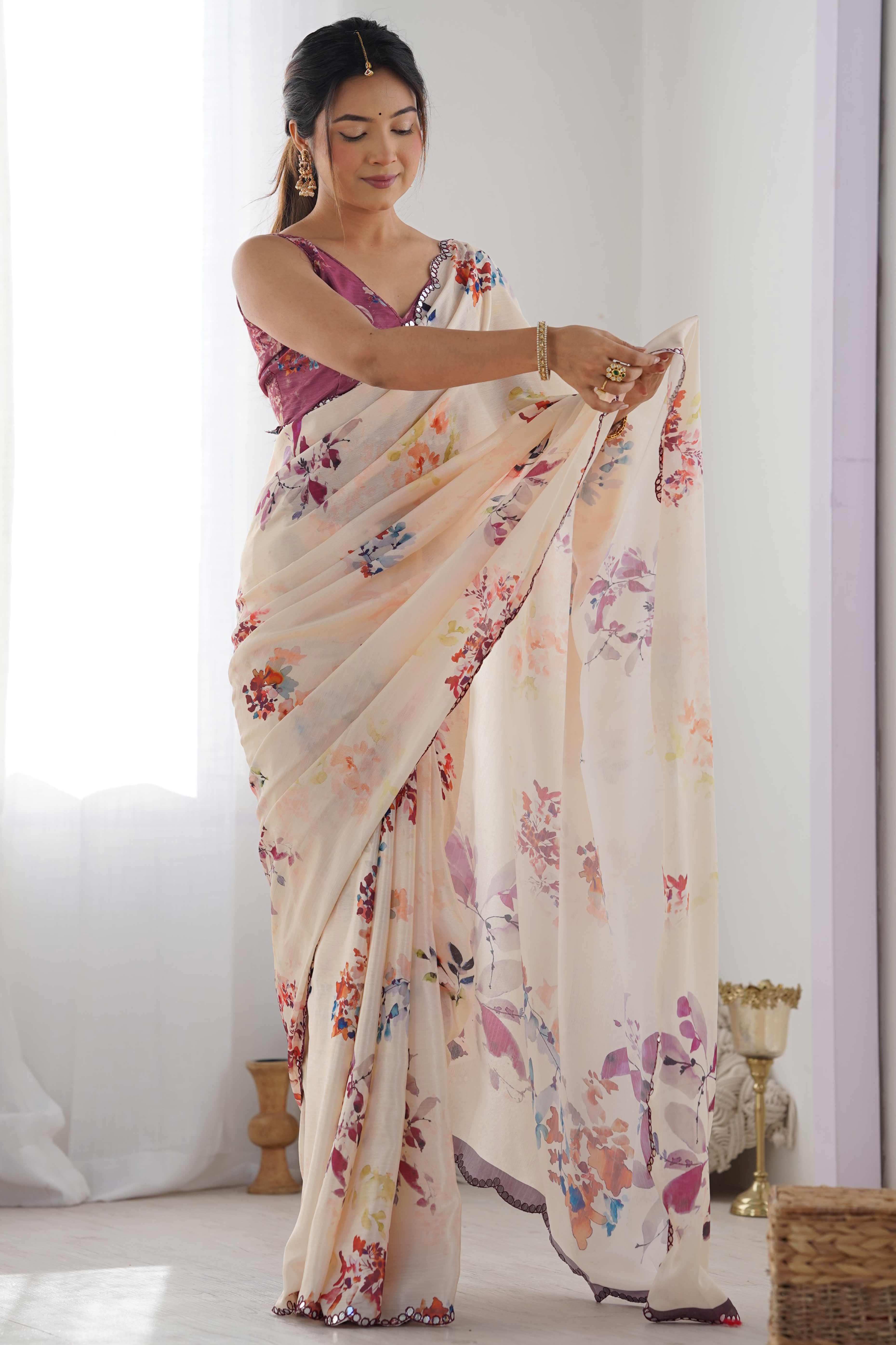 Cream Floral Printed Chinon Saree